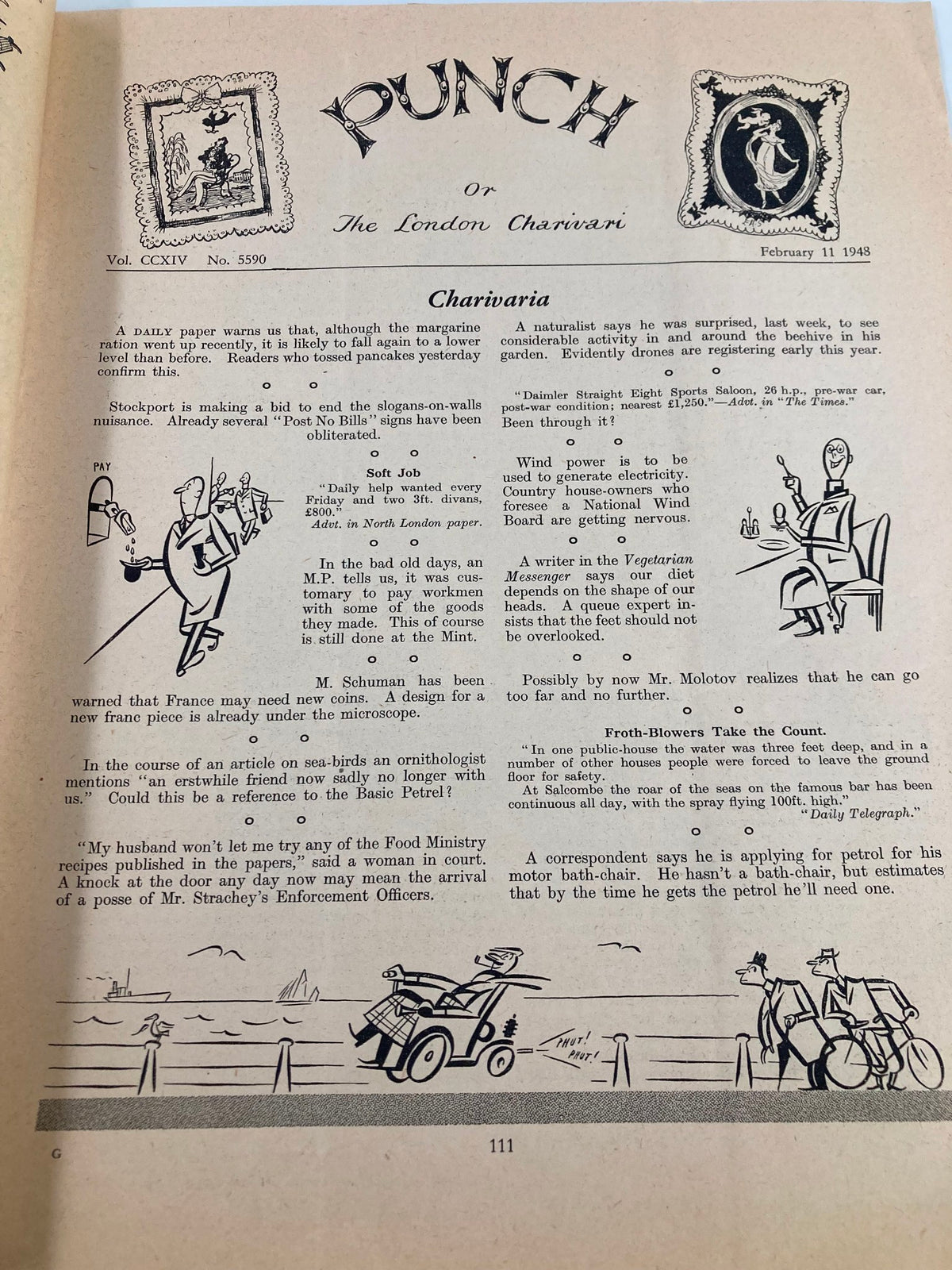 Interior page of VTG Punch Magazine February 11, 1948, issue #5590, showcasing cartoons related to post-war life and humorous commentary.