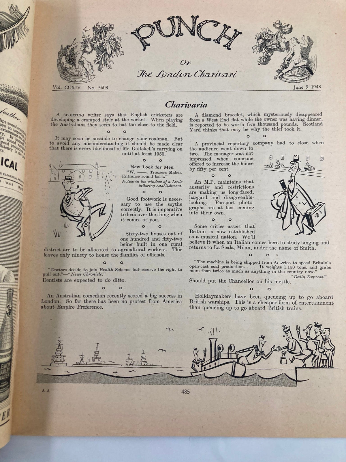 Interior page of VTG Punch Magazine June 19 1948 #5608 Vol 214 featuring a cartoon section titled 'Charivaria' with humorous illustrations reflecting post-World War II topics and social commentary.