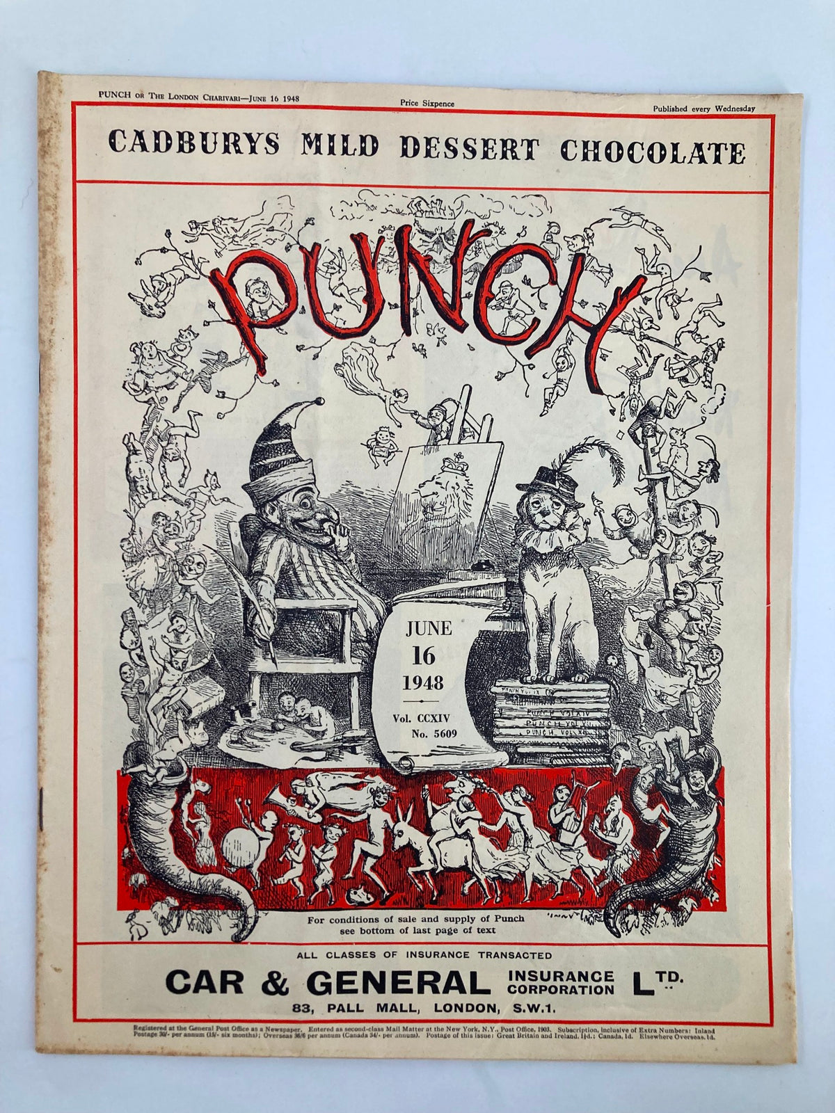 Cover of VTG Punch Magazine from June 16, 1948, featuring humorous illustrations and the title 'PUNCH', Volume 214, Issue No. 5609, showcasing post-World War II cartoon art.