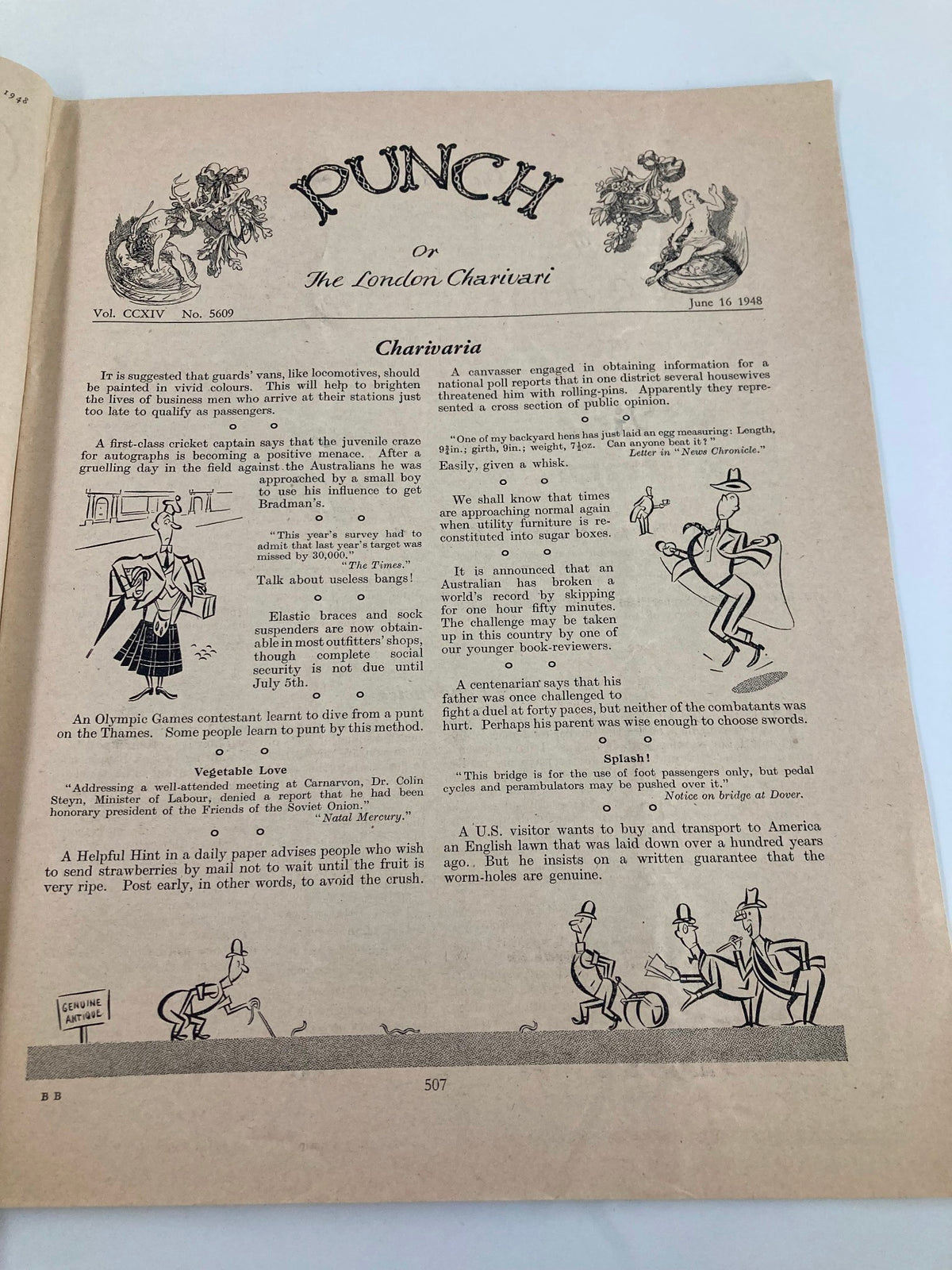 Interior page from the VTG Punch Magazine June 16 1948, showcasing humorous cartoons and witty commentary from Volume 214, Issue #5609, reflecting WWII-era humor.