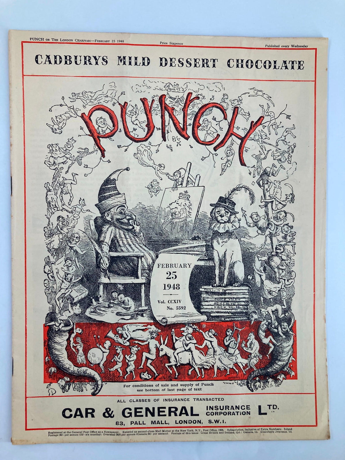 Cover of VTG Punch Magazine dated February 25, 1948, Vol 214 No. 5592 featuring humorous illustrations and bold title 'PUNCH', a representation of post-World War II cartoon and satire.