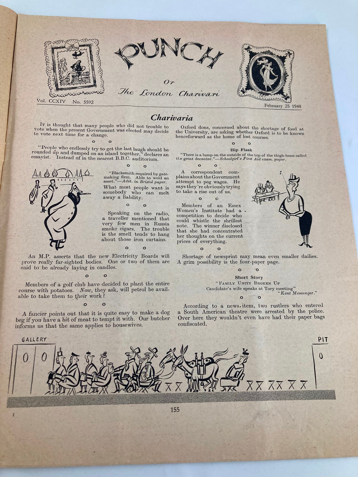 Interior page of VTG Punch Magazine from February 25, 1948, Vol 214 No. 5592 showcasing witty commentary and cartoons, highlighting British humor from the post-war era.