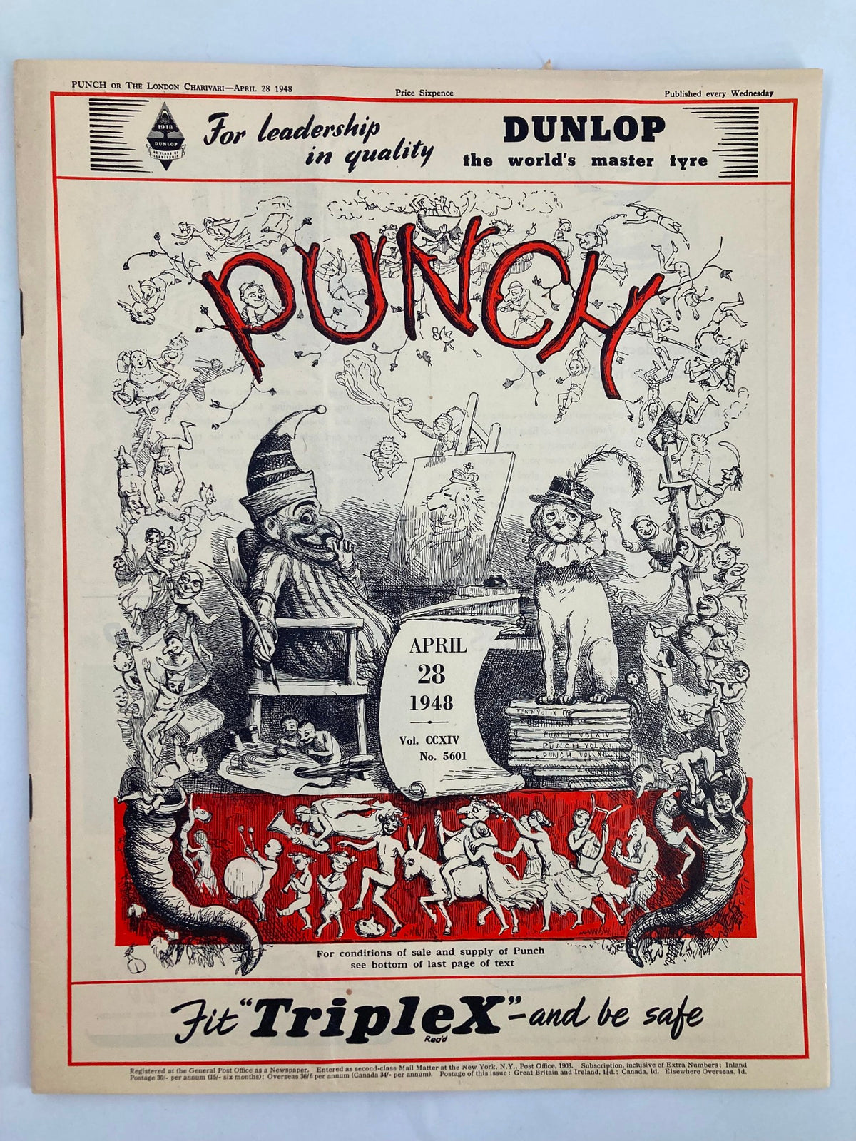 Cover of VTG Punch Magazine dated April 28, 1948, Issue #5601, Volume 214, featuring whimsical cartoons and humor from the post-WWII era.