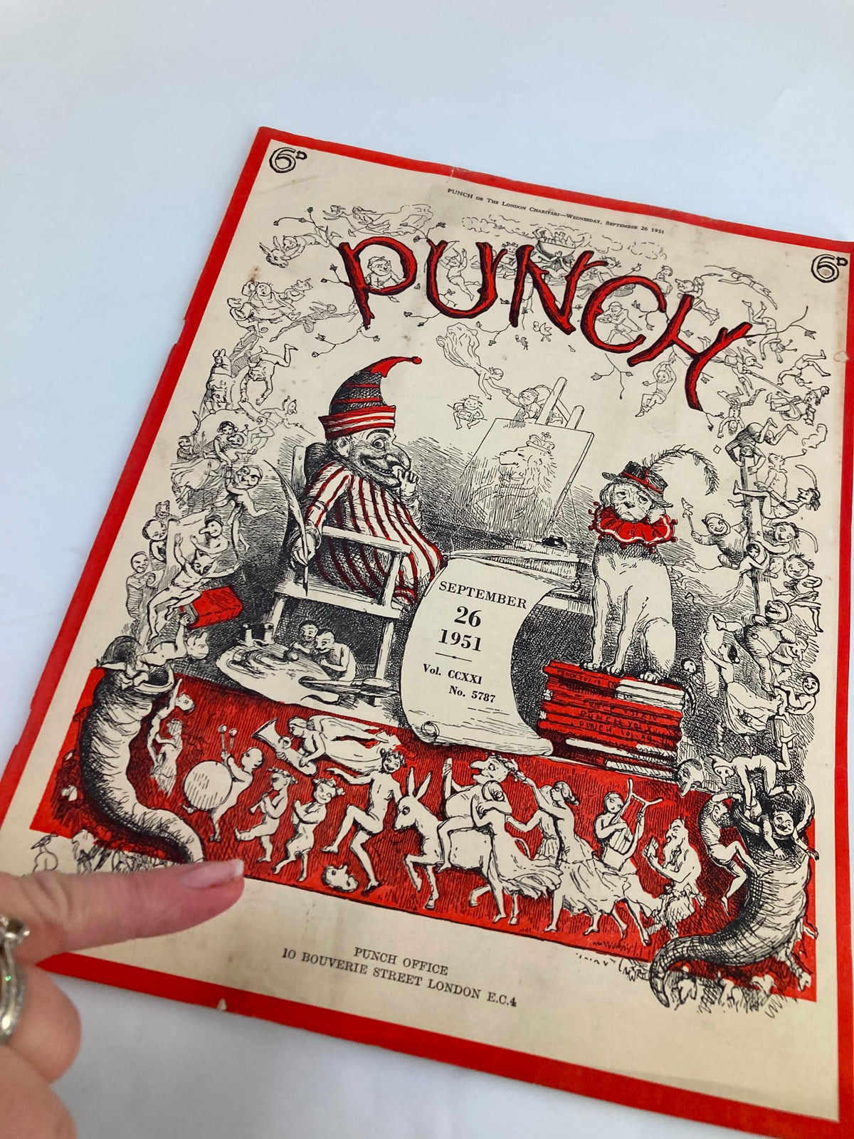 Close-up view of the VTG Punch Magazine September 26 1951 cover showing humorous illustrations and details, including volume 221, number 5787.