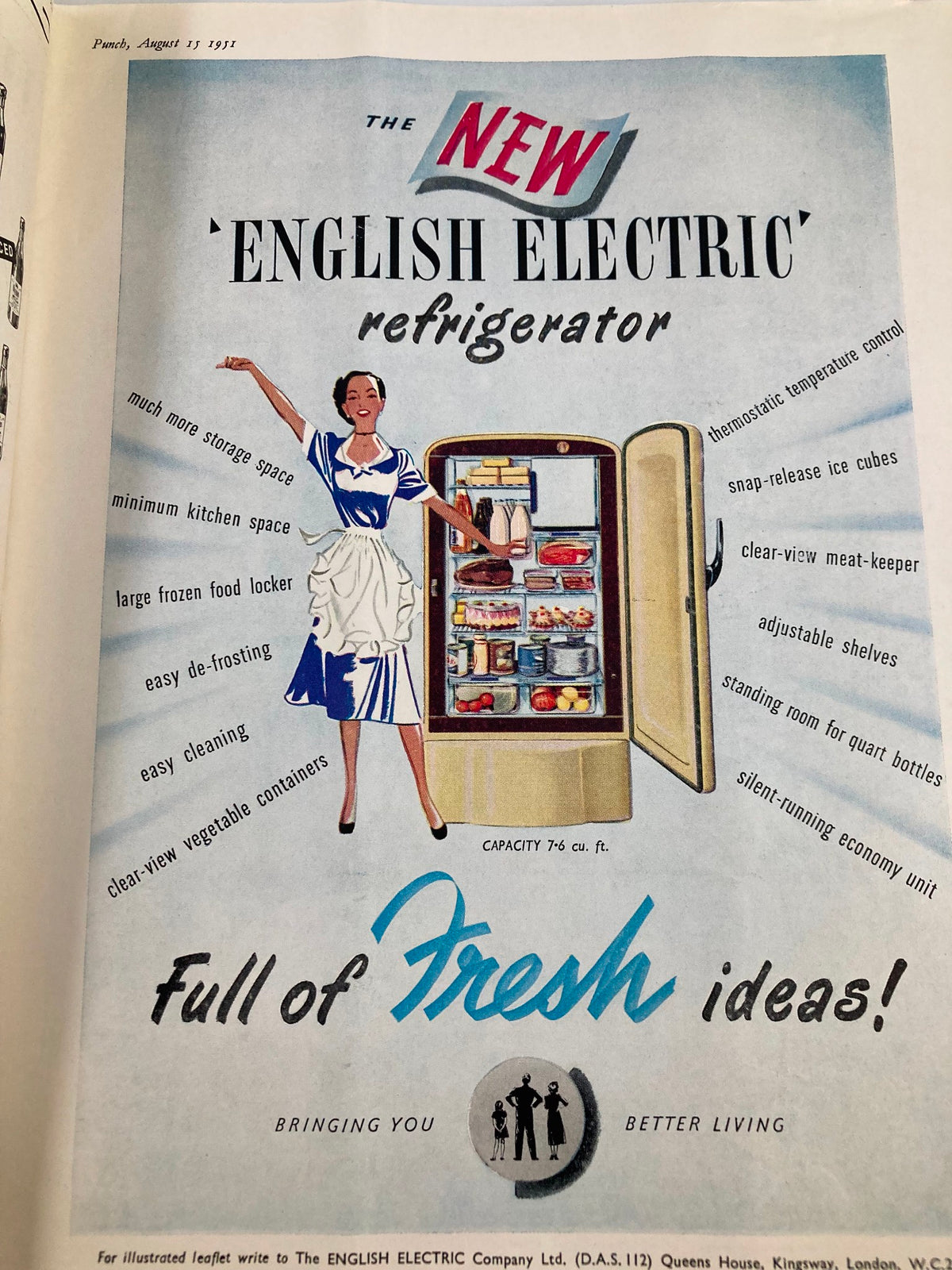 Inside page of VTG Punch Magazine August 15 1951 #5781 Vol 221, displaying an advertisement for the 'English Electric' refrigerator with a woman demonstrating its features.