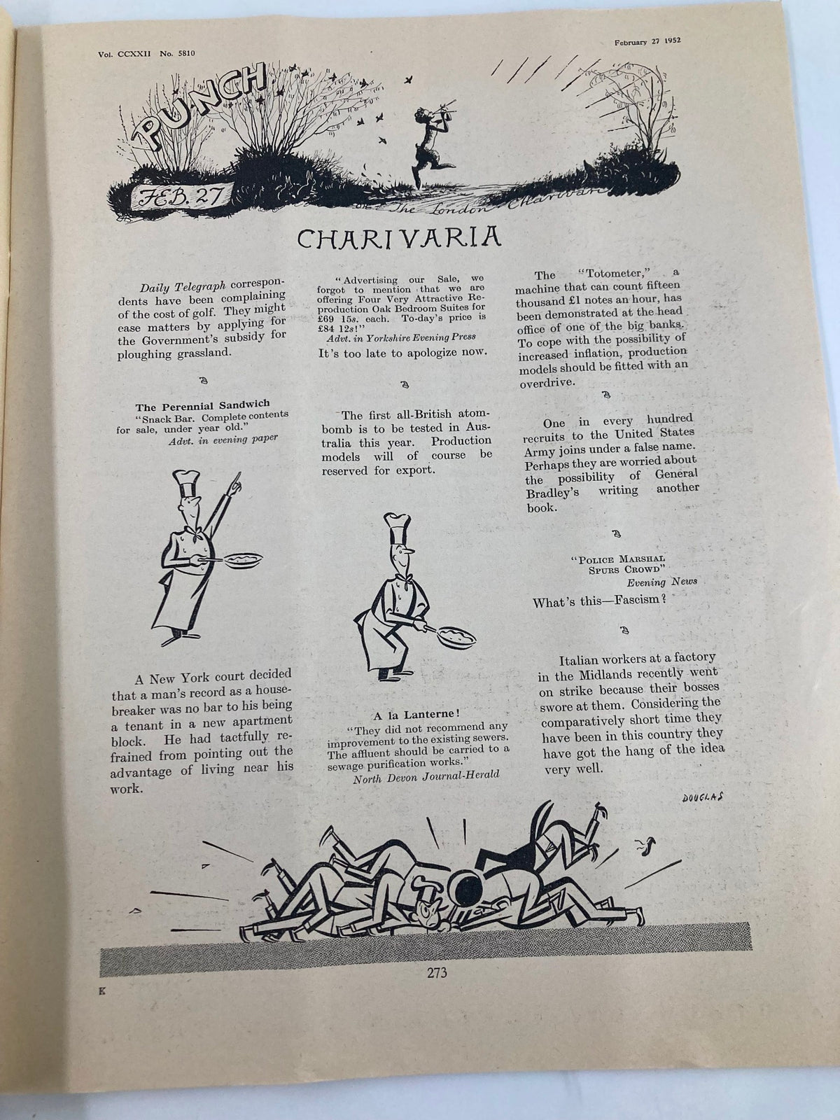 VTG Punch Magazine February 27, 1952 Interior page titled 'CHARIVARIA' featuring humorous text and illustrations, reflecting the comedic style of the era.