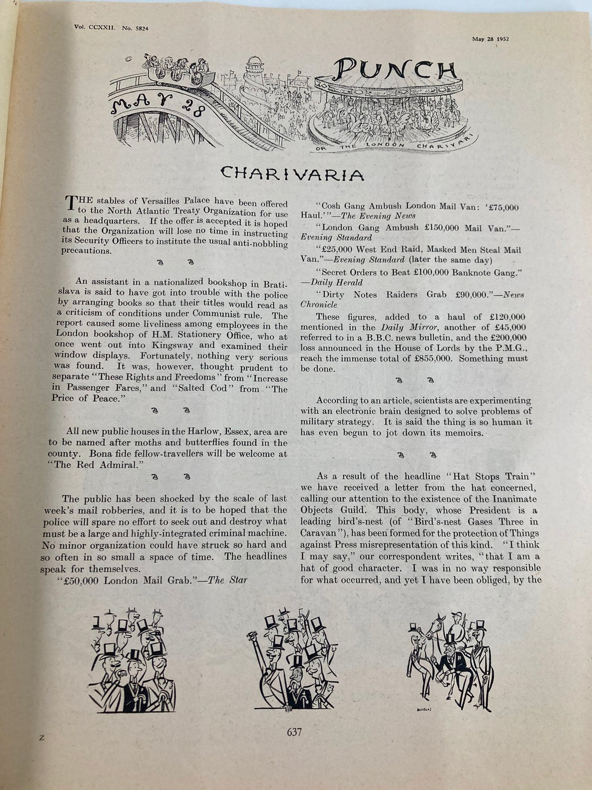 Inside page of VTG Punch Magazine from May 28, 1952, showcasing humorous articles and illustrations related to World War II, issue #5824 from Volume 222.