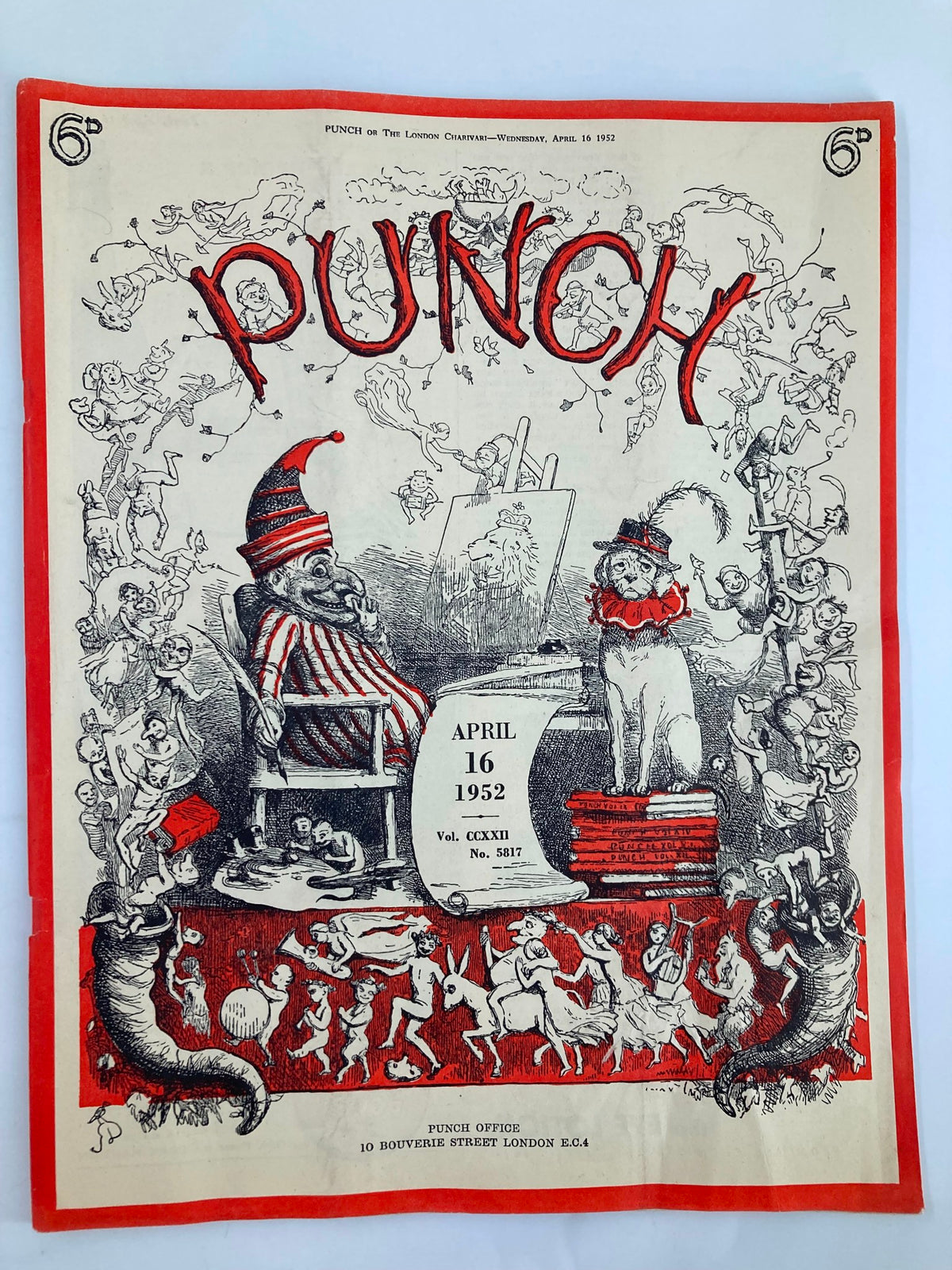 Vintage Punch Magazine cover from April 16, 1952, featuring whimsical illustrations and the prominent title 'PUNCH'. Volume 222, No. 5817 showcases cartoon humor reflective of the WWII era.