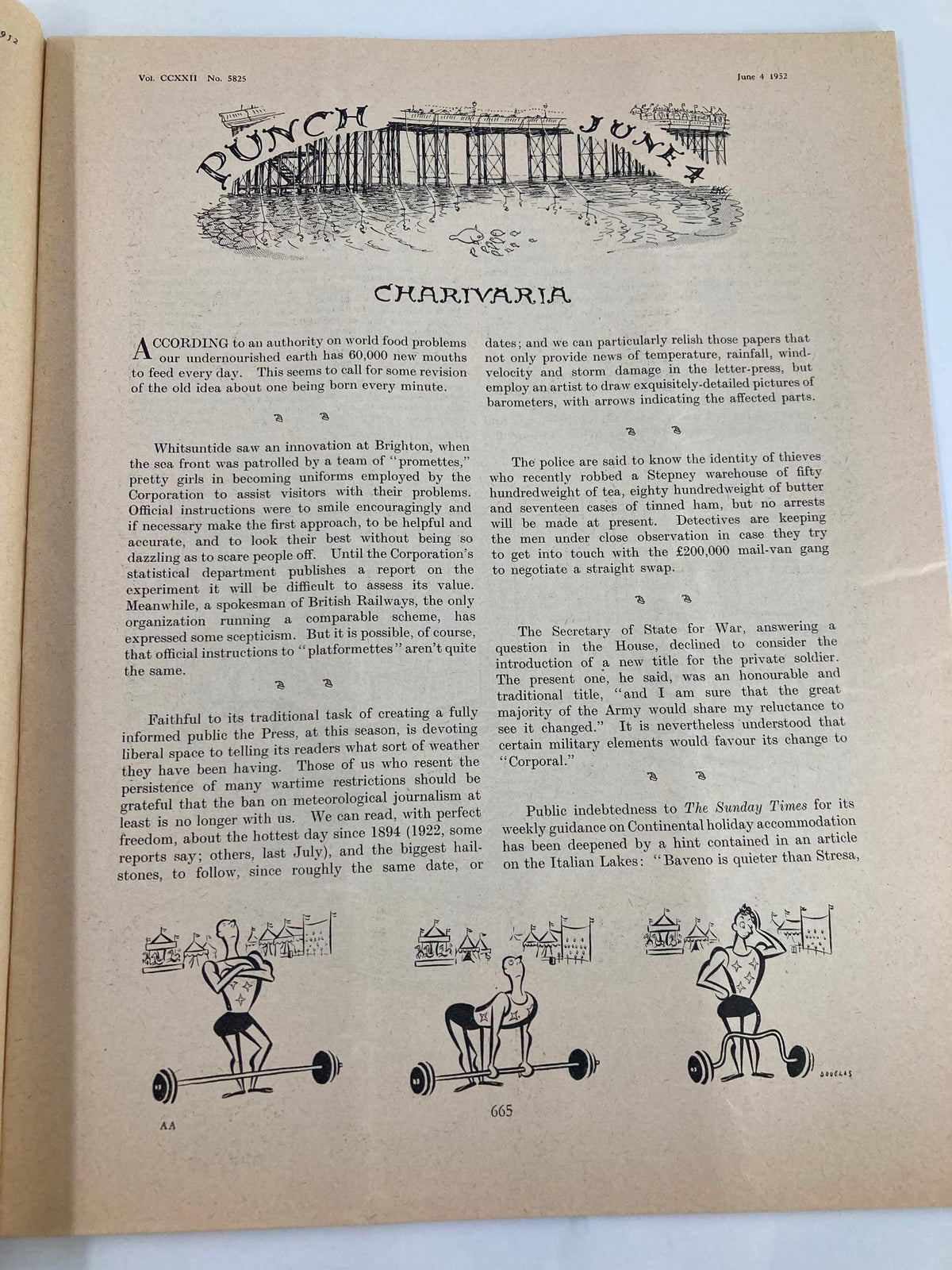 Interior page of VTG Punch Magazine, June 4, 1952, showcasing a humorous article titled 'Charivaria' with witty illustrations and commentary reflective of the era's societal issues.