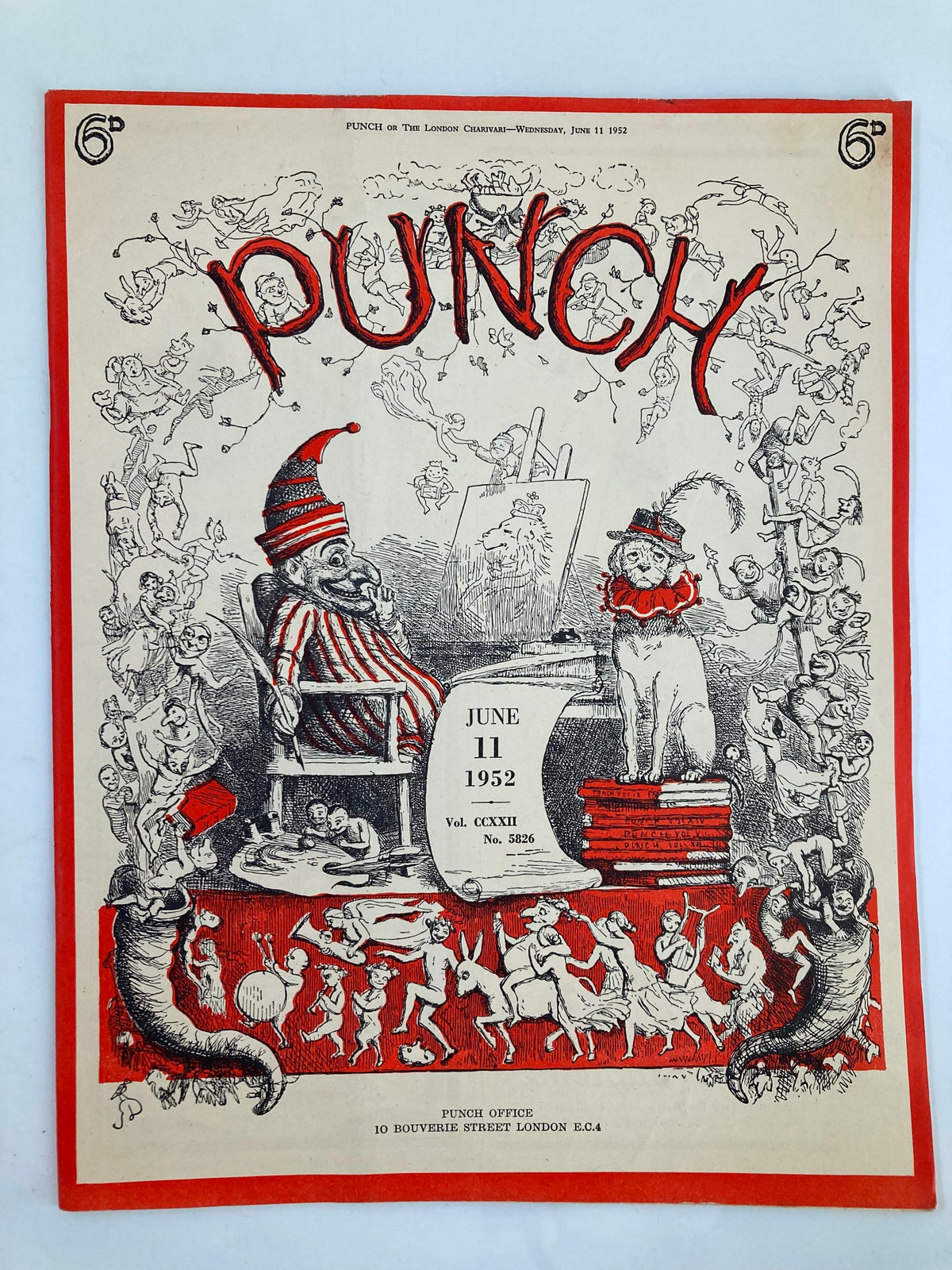 VTG Punch Magazine June 11 1952 cover featuring humorous illustrations and caricatures, part of Volume 222, showcasing the social sentiments from World War II.