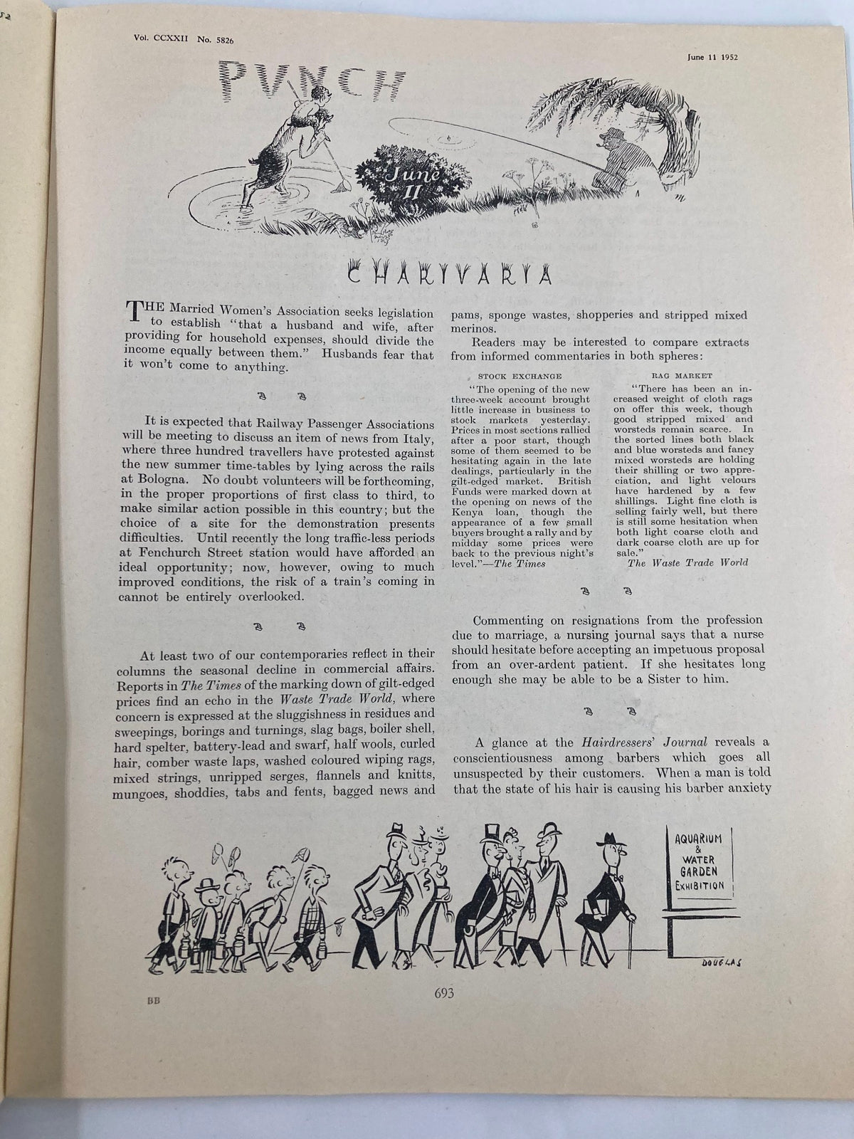 Illustrated page from VTG Punch Magazine June 11 1952, featuring humorous commentary and a caricature of a fishing scene, showcasing the magazine's distinctive cartoon style from WWII era.