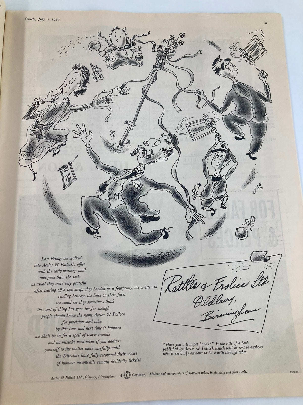 Interior page of VTG Punch Magazine July 2 1952 showcasing a humorous cartoon with characters engaging in playful antics, reflecting the satirical style of the publication.