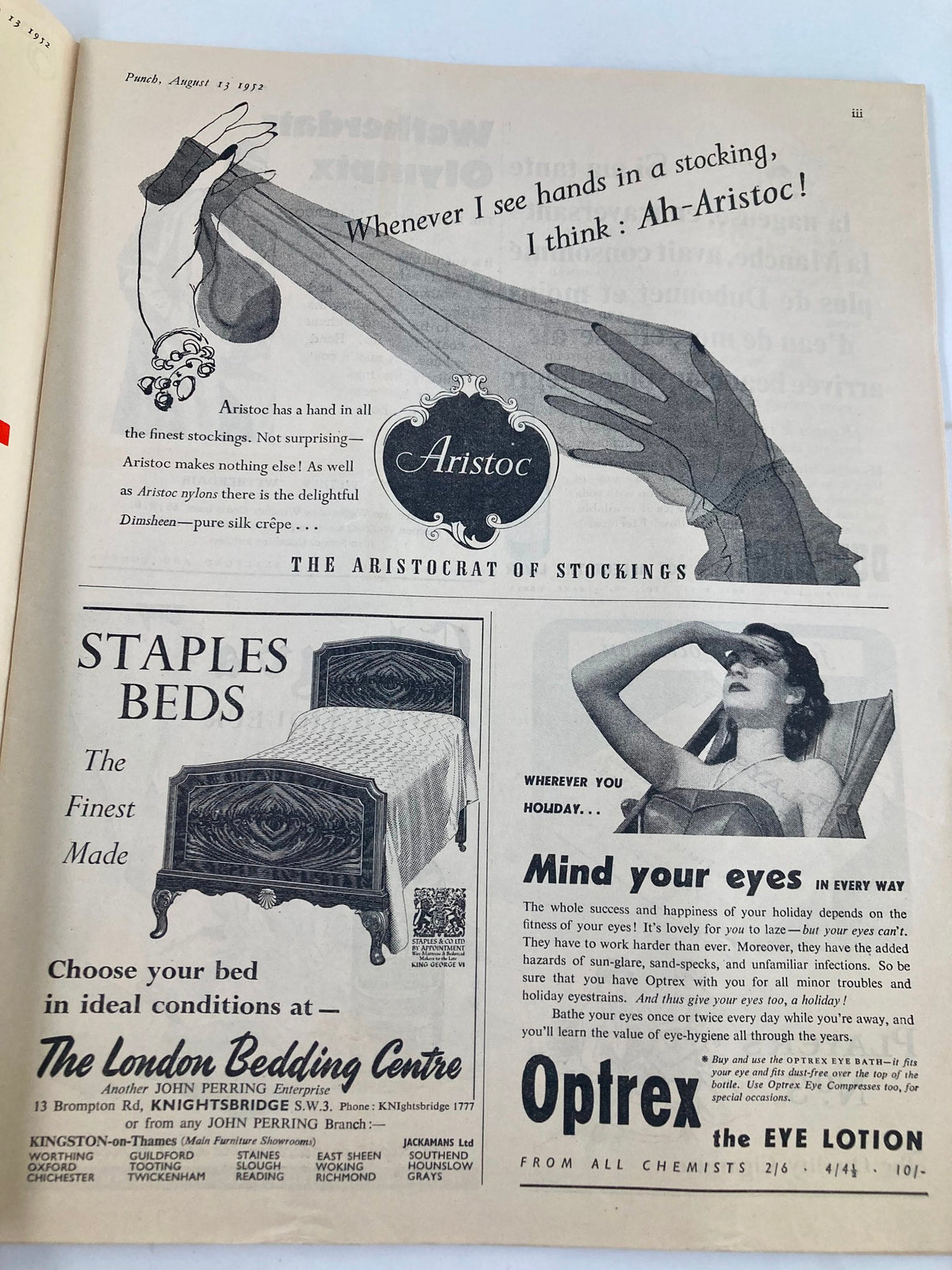 Interior page of VTG Punch Magazine August 13 1952 with an advertisement for Aristoc stockings, showcasing vintage fashion illustrations and humor.