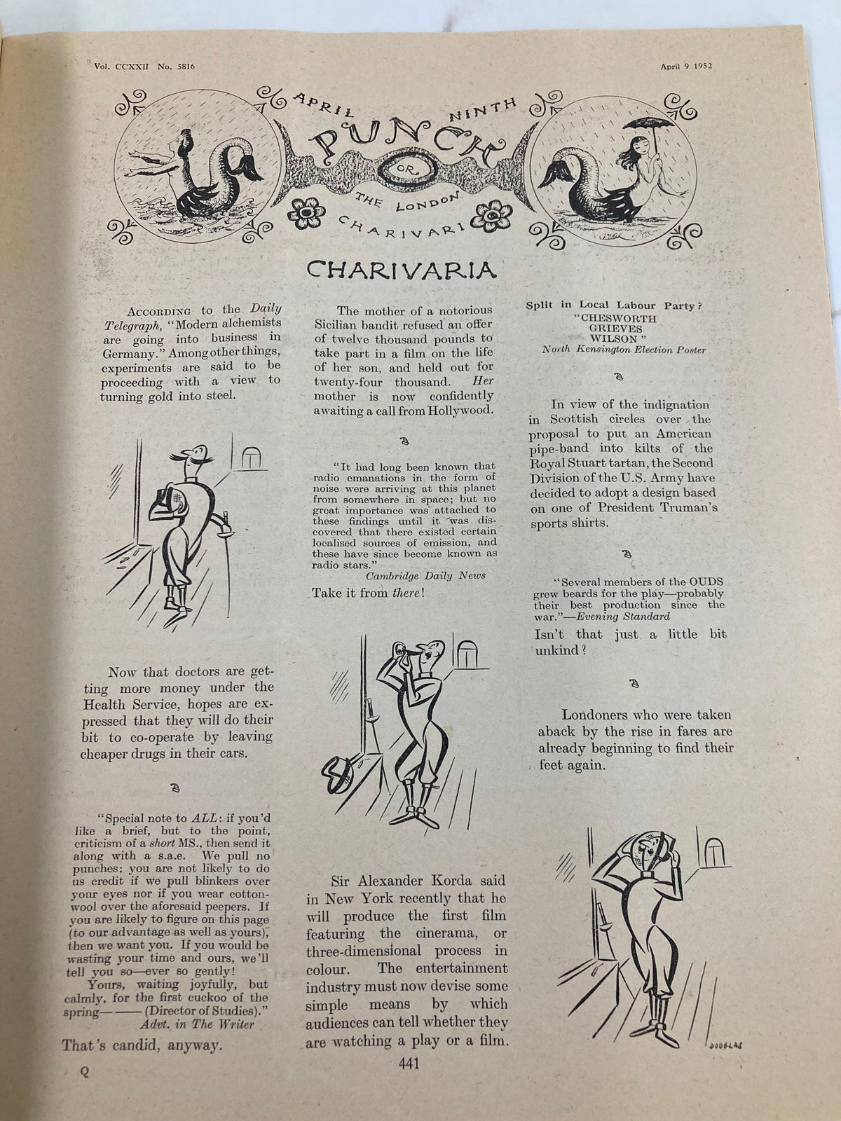 Illustration from the VTG Punch Magazine April 9 1952 #5816 Vol 222 featuring a unique cartoon style. The page includes witty commentary typical of post-WWII humor, with a vintage design showcasing the magazine's characteristic art and satirical tone.