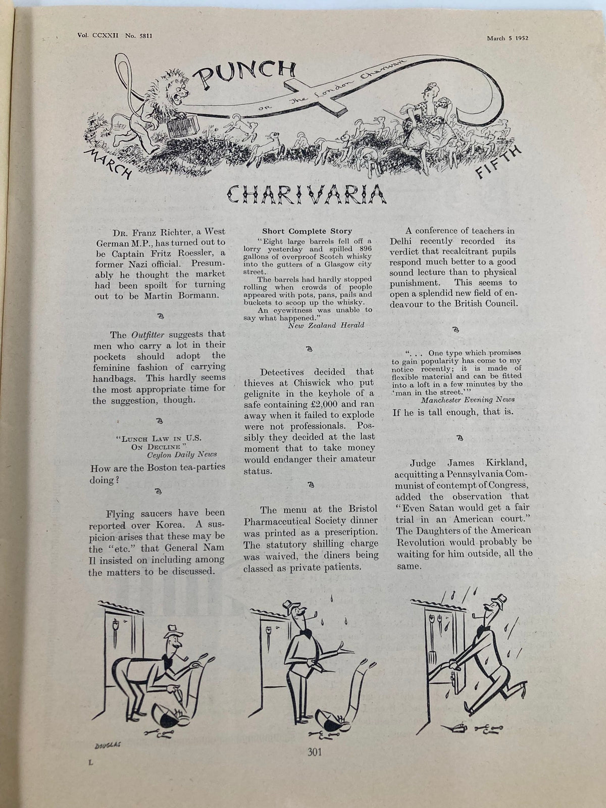 Interior page of VTG Punch Magazine dated March 5, 1952, showcasing various humorous cartoons and satirical commentary from the WWII era, published as Vol 222 No. 5811.