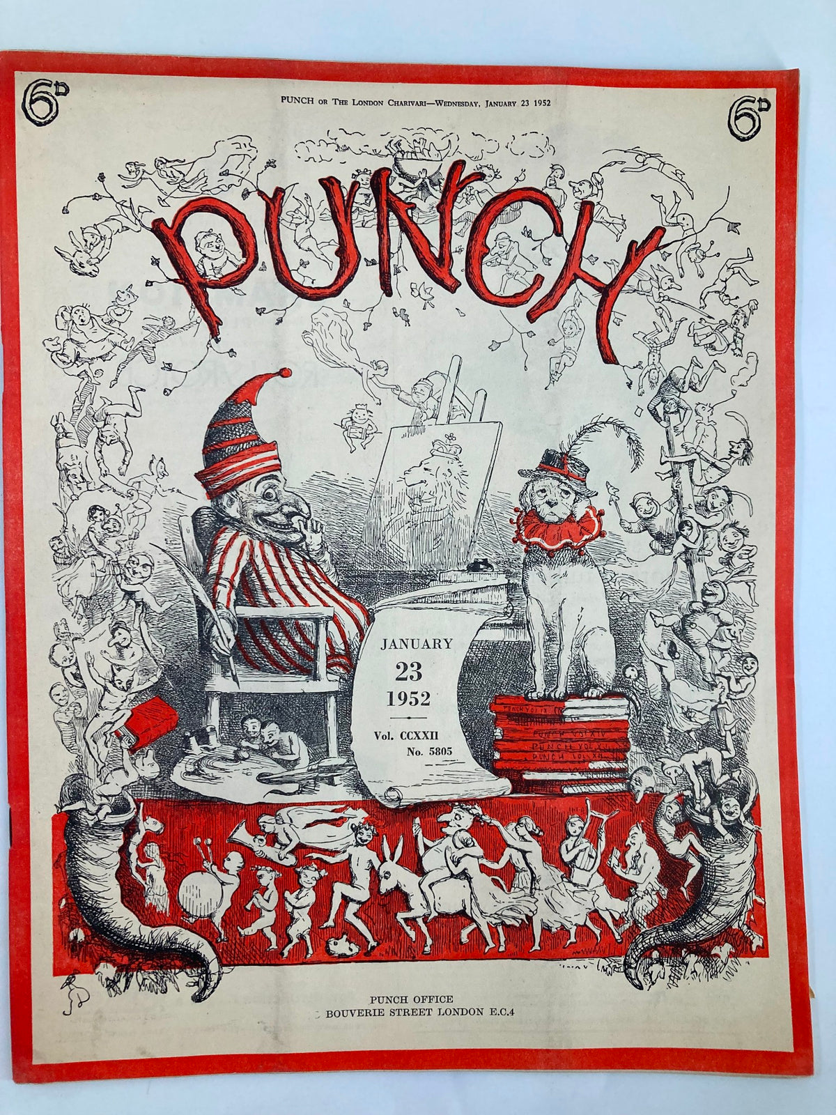 VTG Punch Magazine January 23 1952 #5805 Vol 222 cover featuring elaborate cartoon illustrations, showcasing the magazine's humor and artistic style from the era.