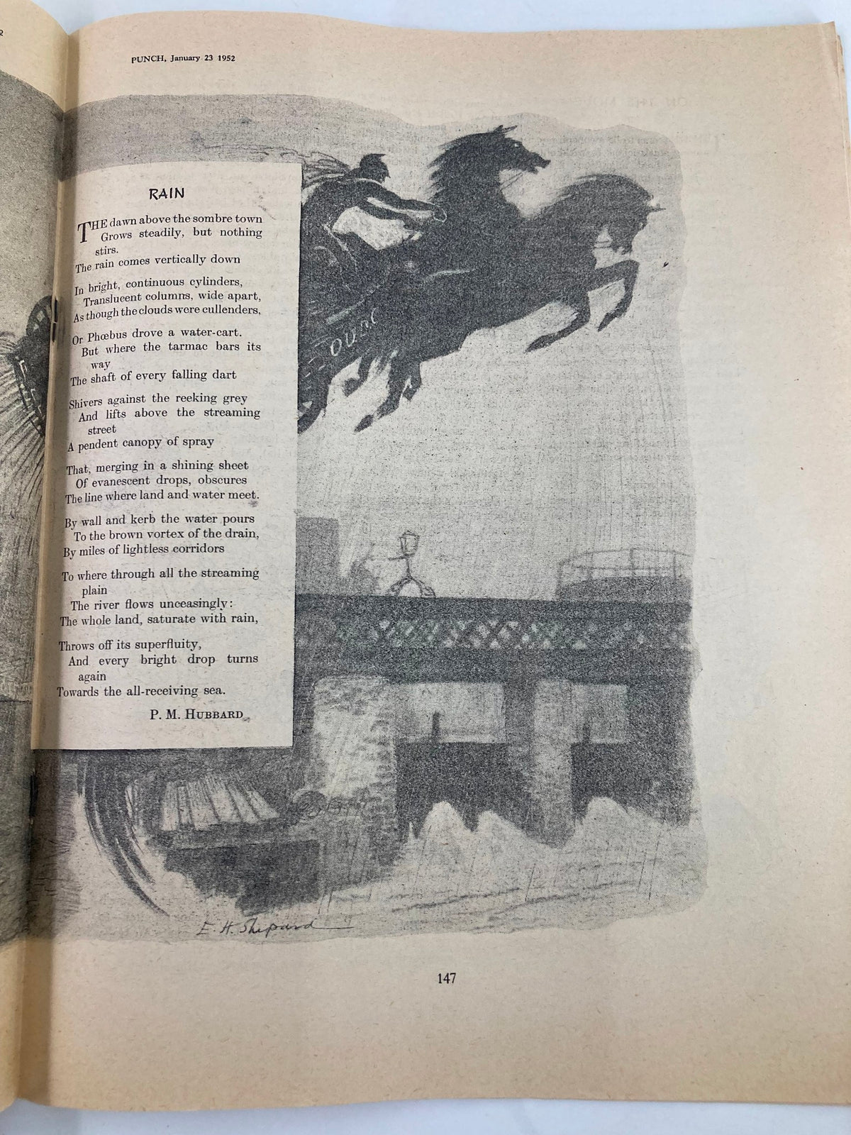 VTG Punch Magazine January 23 1952 #5805 Vol 222 interior page showcasing a poem titled 'Rain', accompanied by a monochrome illustration, reflecting the magazine's literary and artistic contributions.
