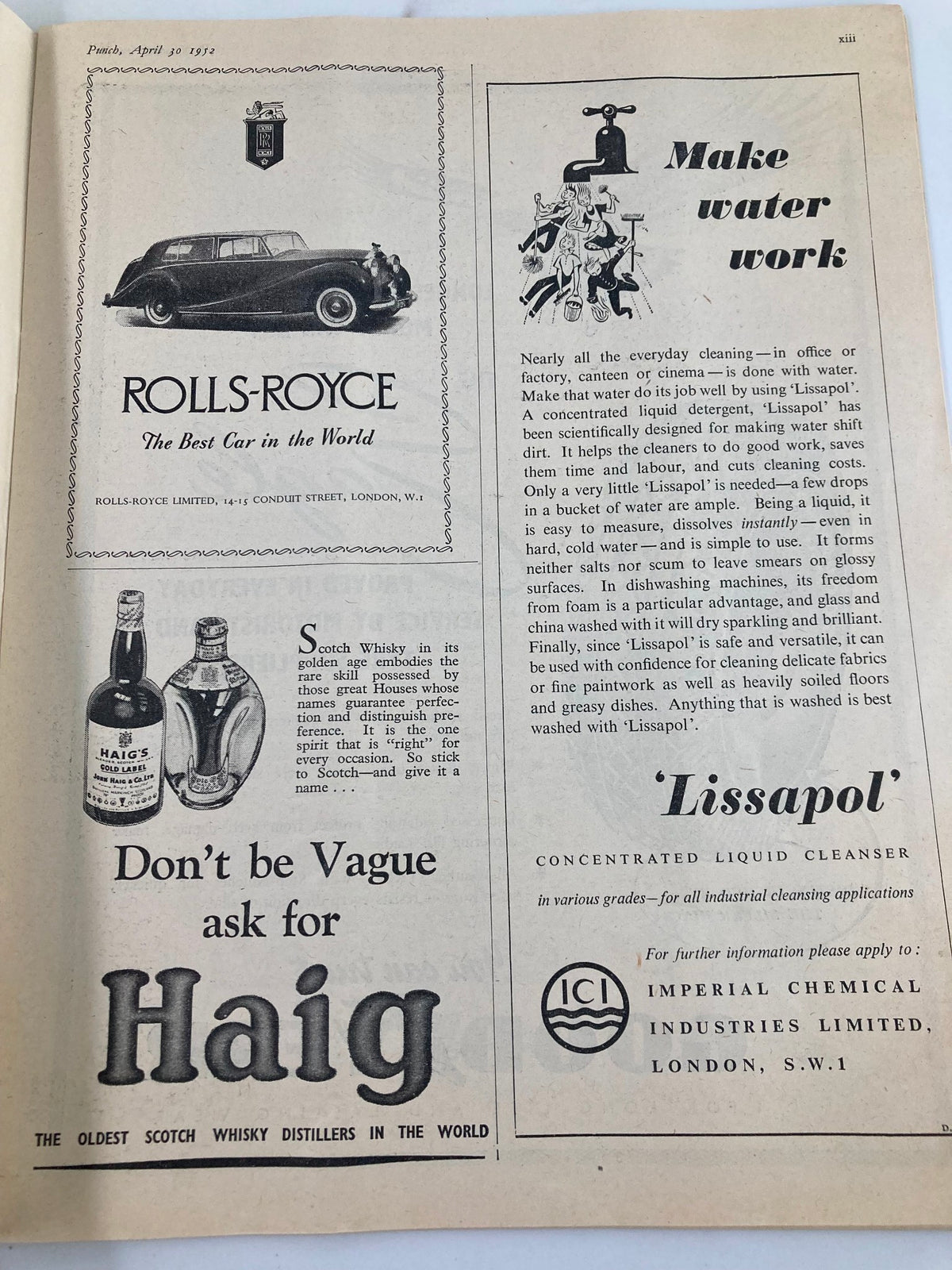 Interior page of VTG Punch Magazine April 30 1952 featuring vintage advertisements, including a Rolls-Royce ad and product information about Lissapol cleaner.