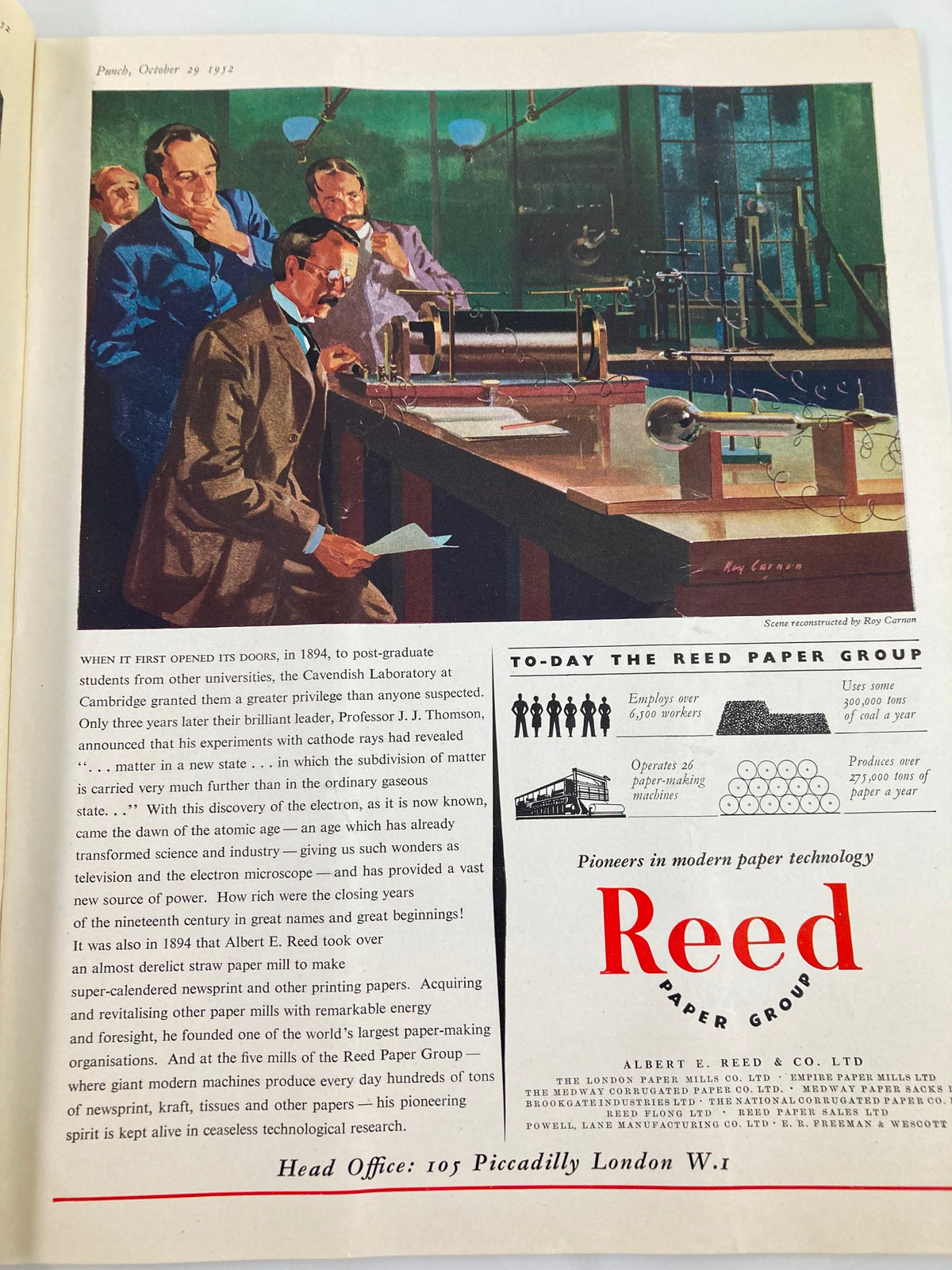 Interior page of VTG Punch Magazine from October 29, 1952, illustrating a scene in a laboratory with historical context about the Reed Paper Group.