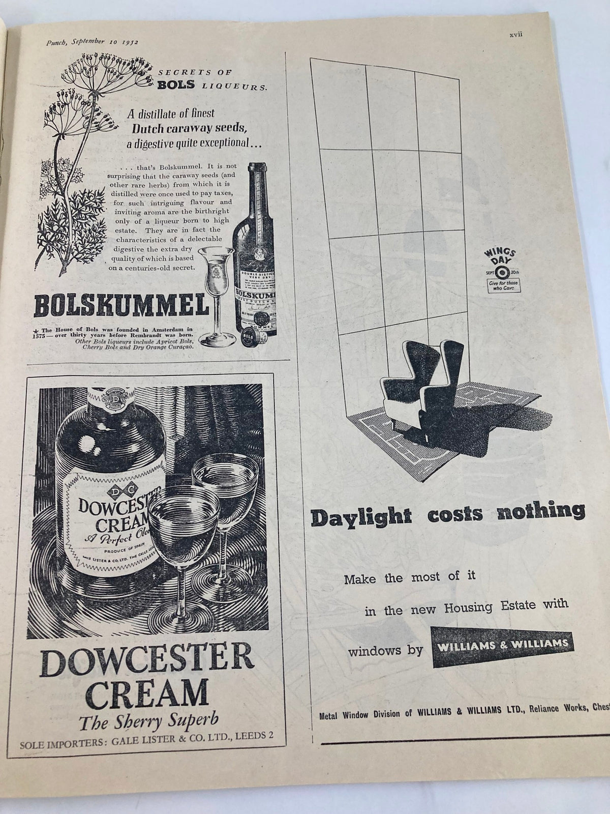 Interior page of VTG Punch Magazine September 10 1952 featuring vintage advertisements including Bols Liqueurs and Dowcester Cream.
