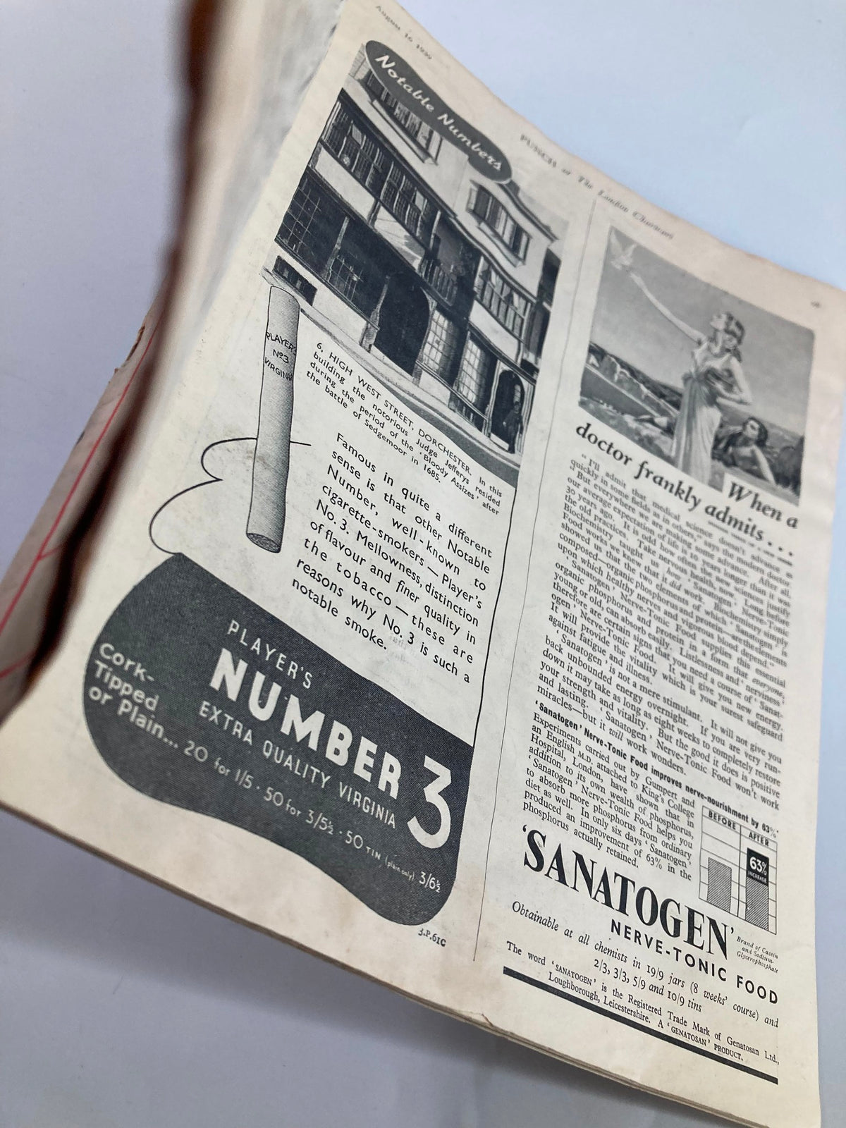 Inside page of VTG Punch Magazine August 16 1939 #5132 Vol 197 displaying vintage advertisements and articles, showcasing historical elements from the World War II era.