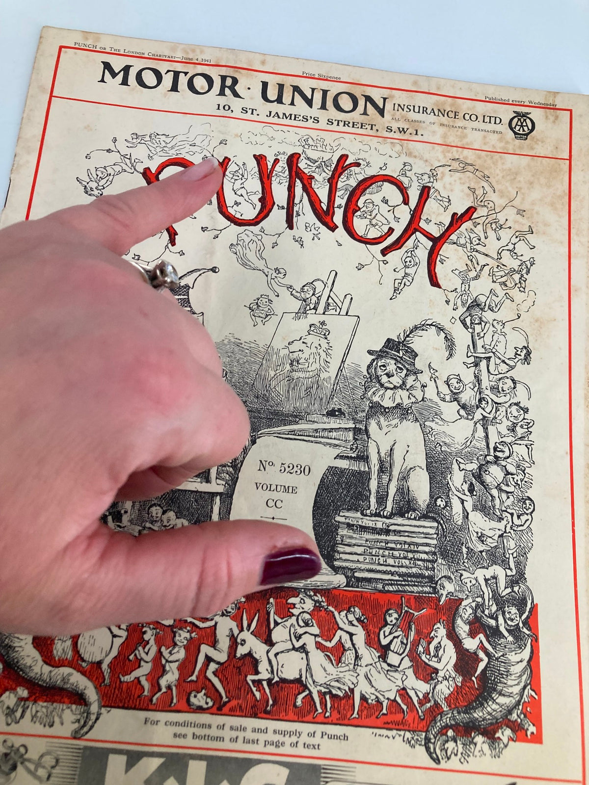 Close-up of the VTG Punch Magazine June 4 1941 cover showing issue #5230, Volume 100, with cartoon characters and vibrant art highlighting its vintage appeal.