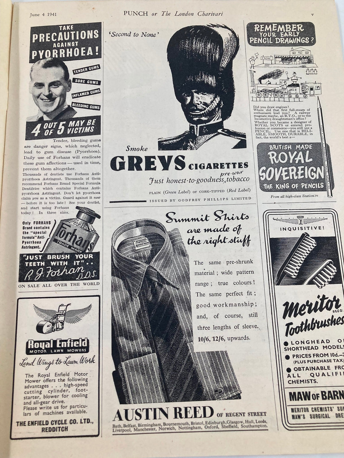 Image of an advertisement page from VTG Punch Magazine June 4, 1941 #5230 Vol 100 showcasing various ads including Grevs Cigarettes, dental care products, and clothing, reflecting the humor and culture of World War II.