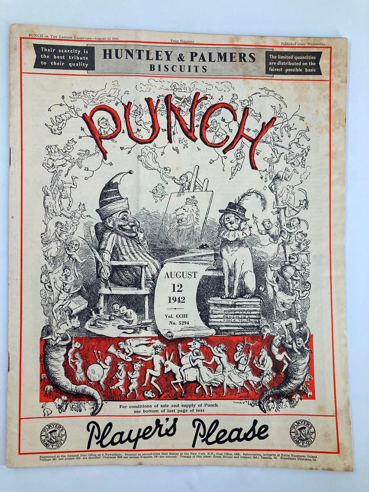 Cover of VTG Punch Magazine August 12 1942, issue #5294 featuring humorous illustrations and cartoons reflecting World War II themes.