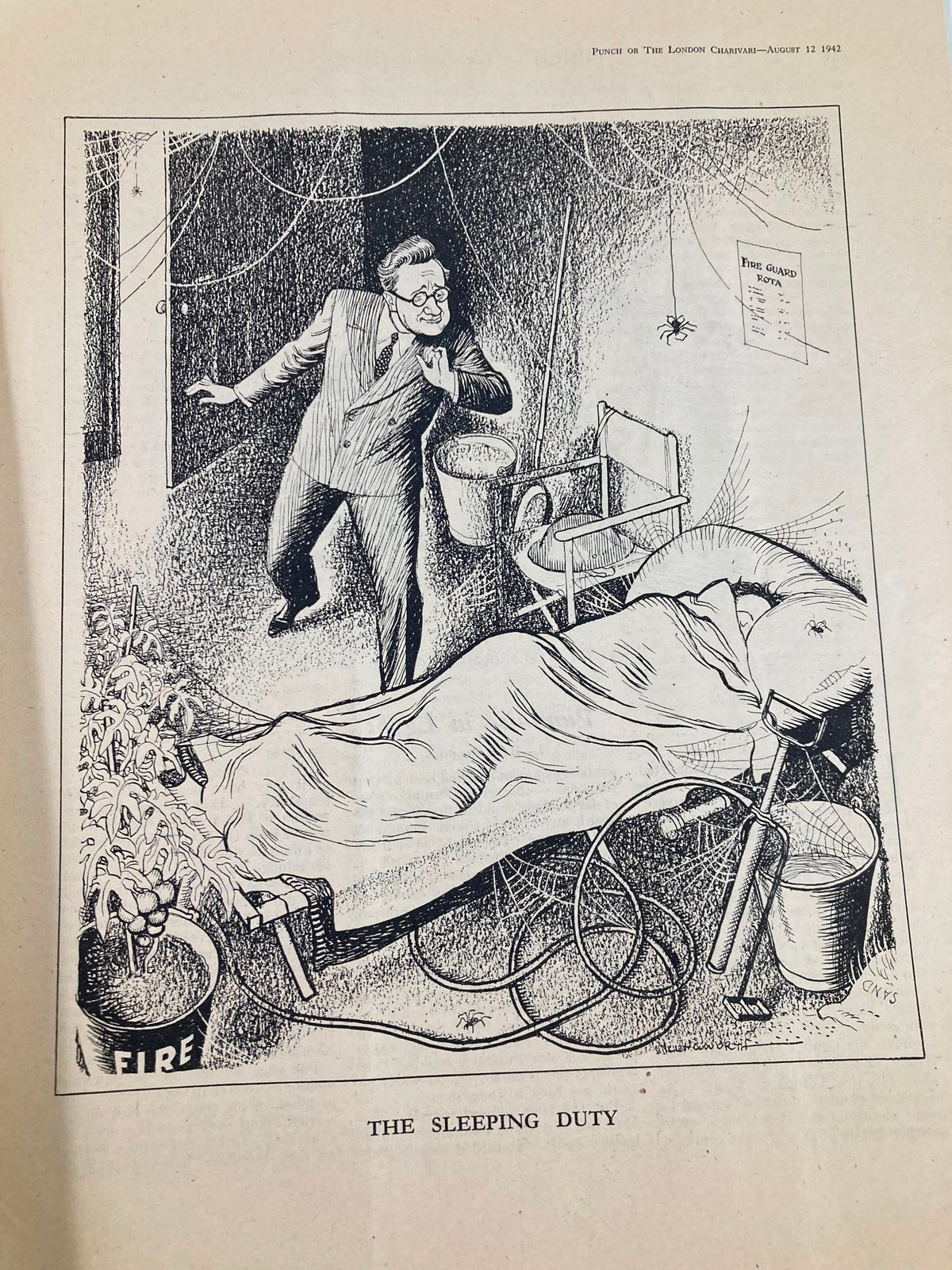 Cartoon from VTG Punch Magazine August 12 1942, issue #5294, depicting a humorous scene titled 'The Sleeping Duty' with a surprised character.
