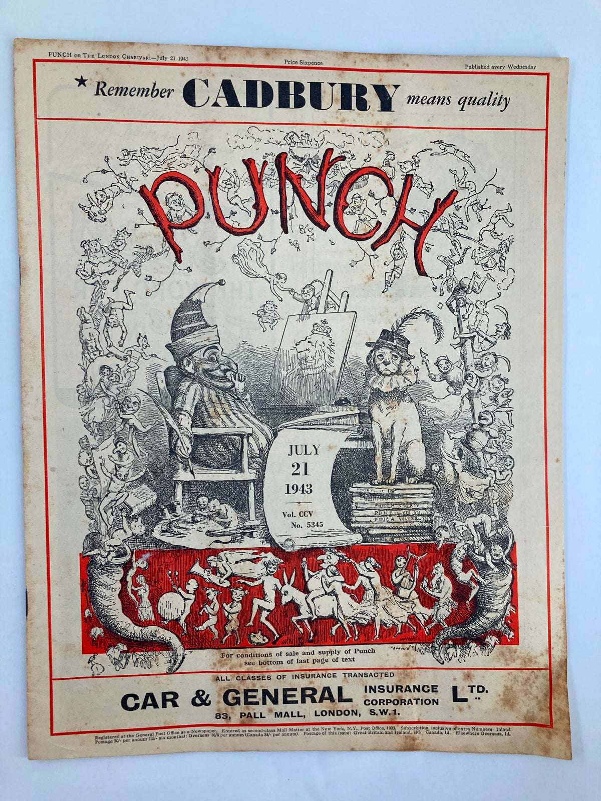 Cover of VTG Punch Magazine dated July 21, 1943, featuring whimsical illustrations and the title 'PUNCH' prominently displayed, showcasing WWII era humor.