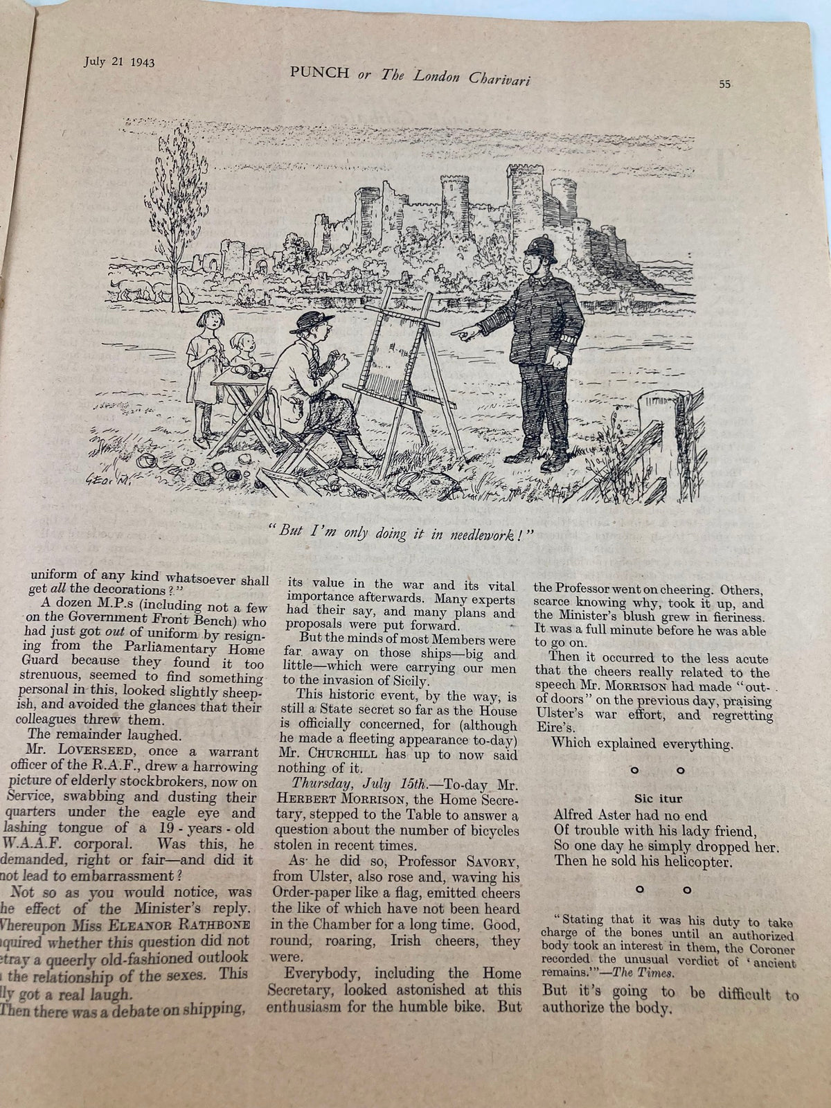 Illustration from VTG Punch Magazine July 21 1943 featuring a humorous scene with a painter, child, and a police officer discussing art. Reflects wartime humor from World War II.