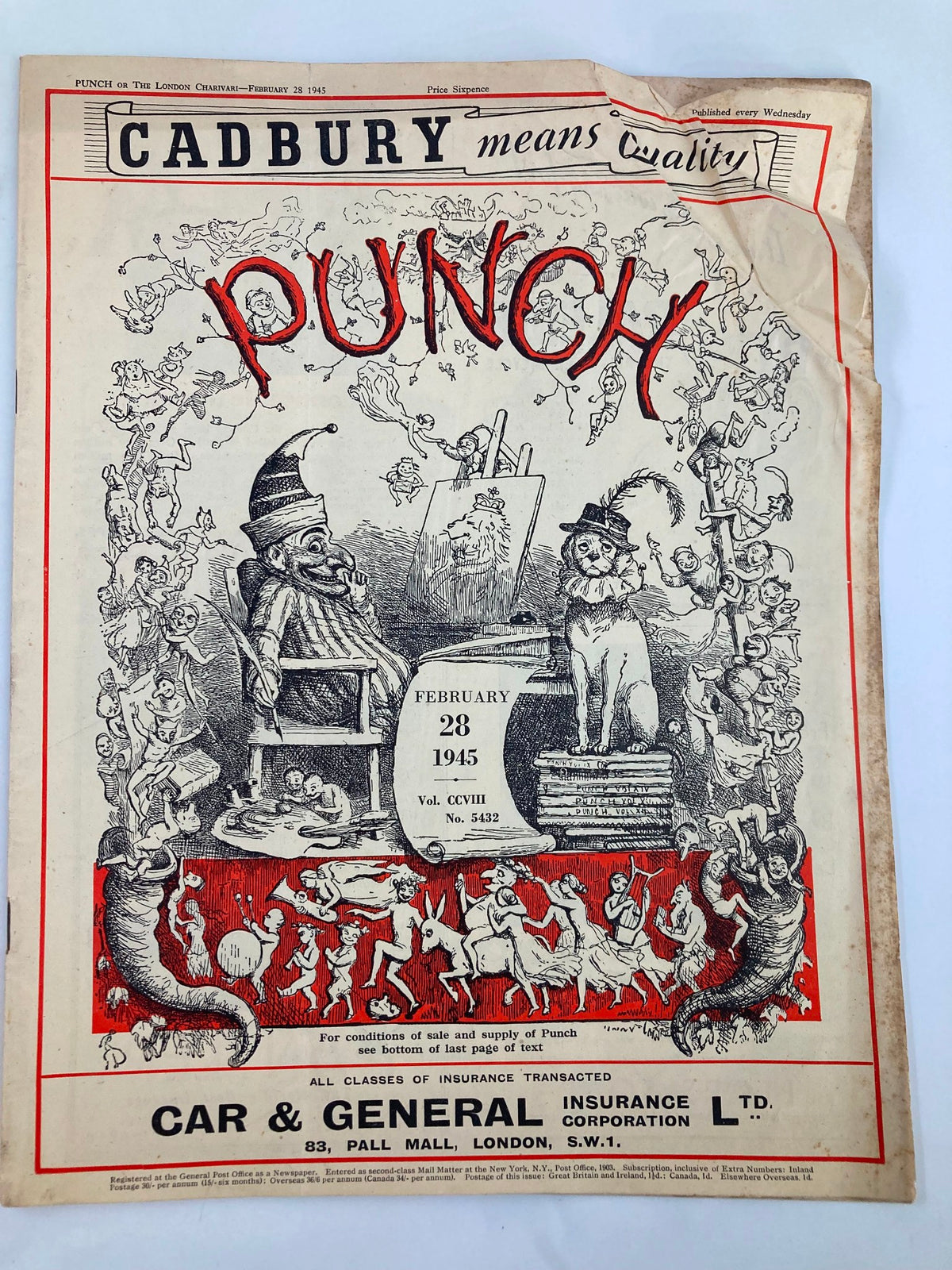 Cover of VTG Punch Magazine February 28, 1945, showcasing colorful illustrations and humor characteristic of World War II cartoons. Issue number 5432 from Volume 108 features whimsical art, depicting various humorous scenes with playful characters and detailed artwork.