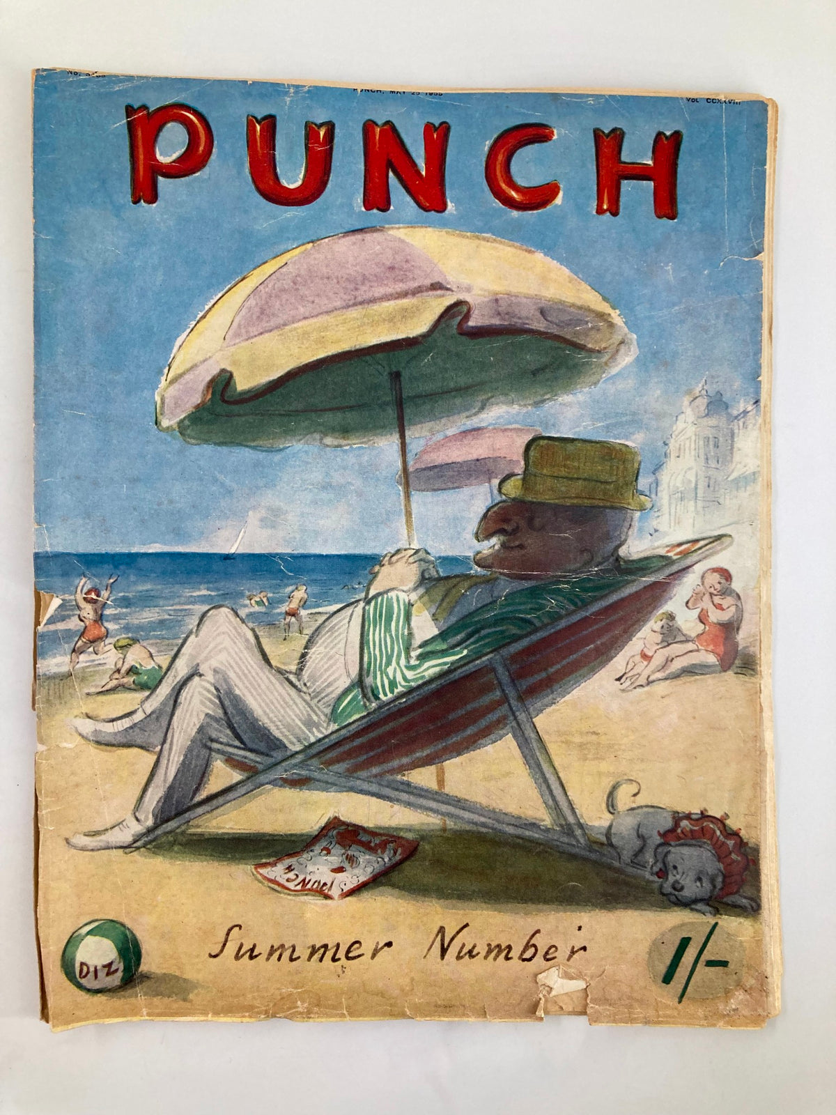 Cover of VTG Punch Magazine May 25 1955 Summer Number featuring a cartoon character relaxing under an umbrella on the beach, with playful illustrations depicting summer fun.