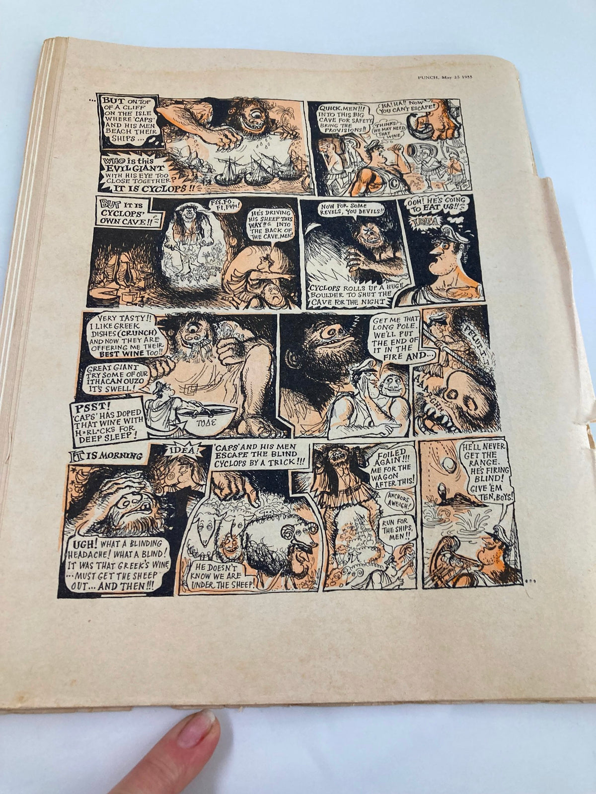 Comic strip from VTG Punch Magazine May 25 1955 Summer Number depicting a humorous take on classic mythology with a cyclops, illustrating the magazine's characteristic satire and cartoon art.