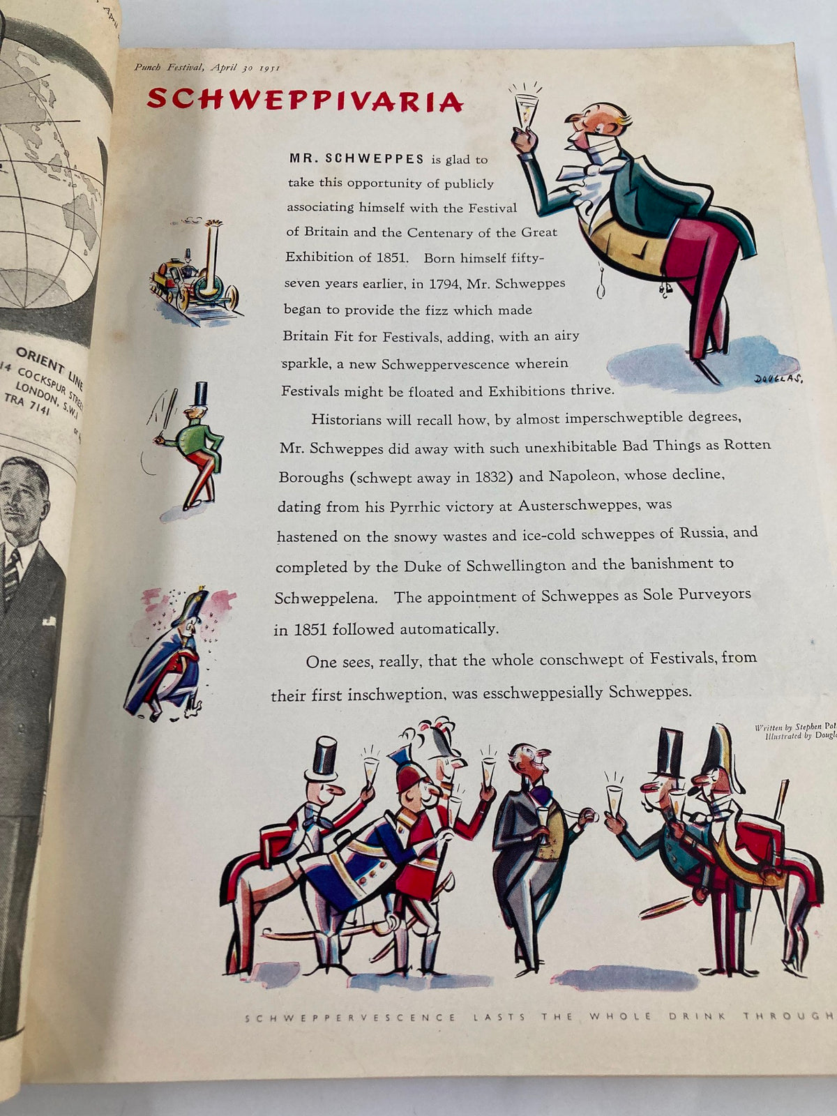 Interior page of the VTG Punch Magazine April 30 1951 featuring an illustration titled 'Schweppivaria' showcasing humorous characters in vintage attire, celebrating the Festival of Britain.