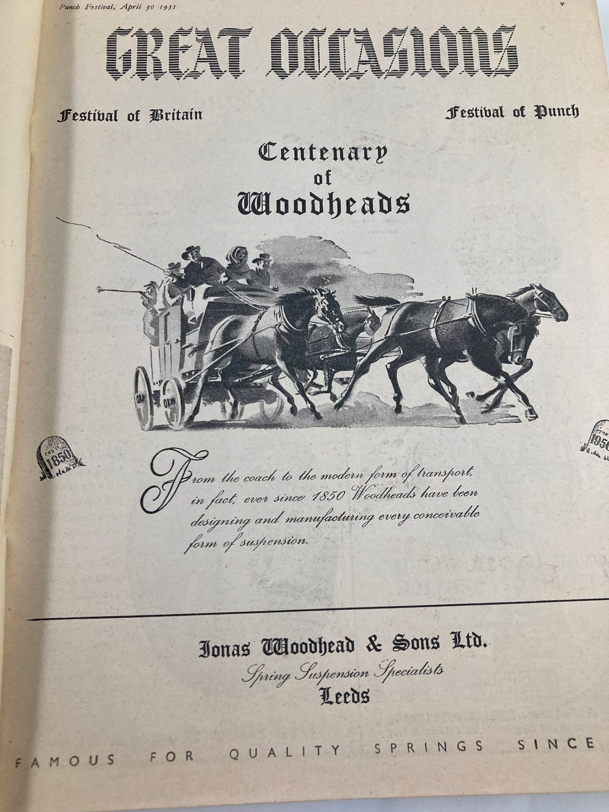 Interior page of the VTG Punch Magazine April 30 1951 with the title 'Great Occasions', depicting a historical scene with horse-drawn carriages celebrating the Centenary of Woodheads.