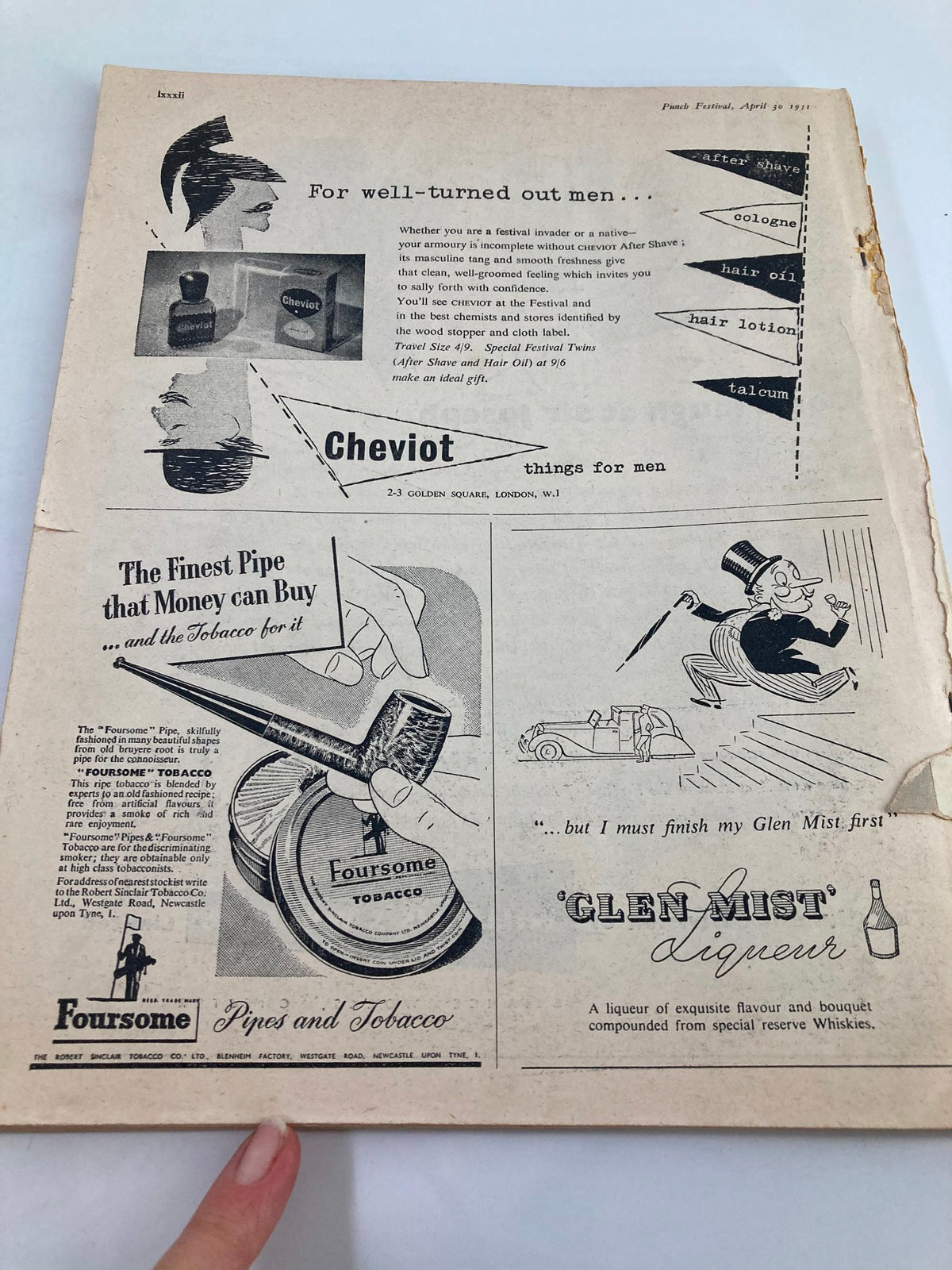Interior page of the VTG Punch Magazine April 30 1951 displaying advertisements for men's grooming products, including 'Cheviot' aftershave, surrounded by charming vintage illustrations.