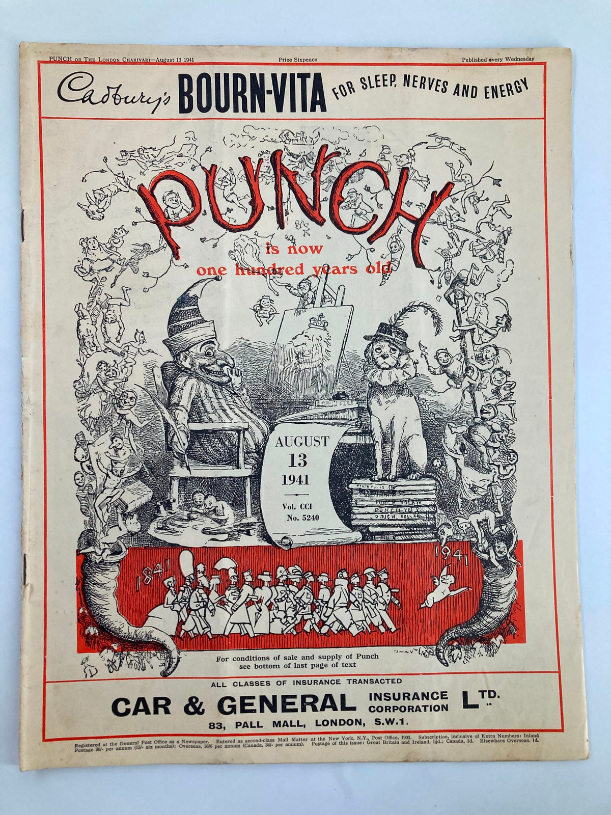 VTG Punch Magazine August 13 1941 #5240 Vol 201 cover featuring humorous cartoons related to WWII with colorful illustrations and the magazine title prominently displayed.