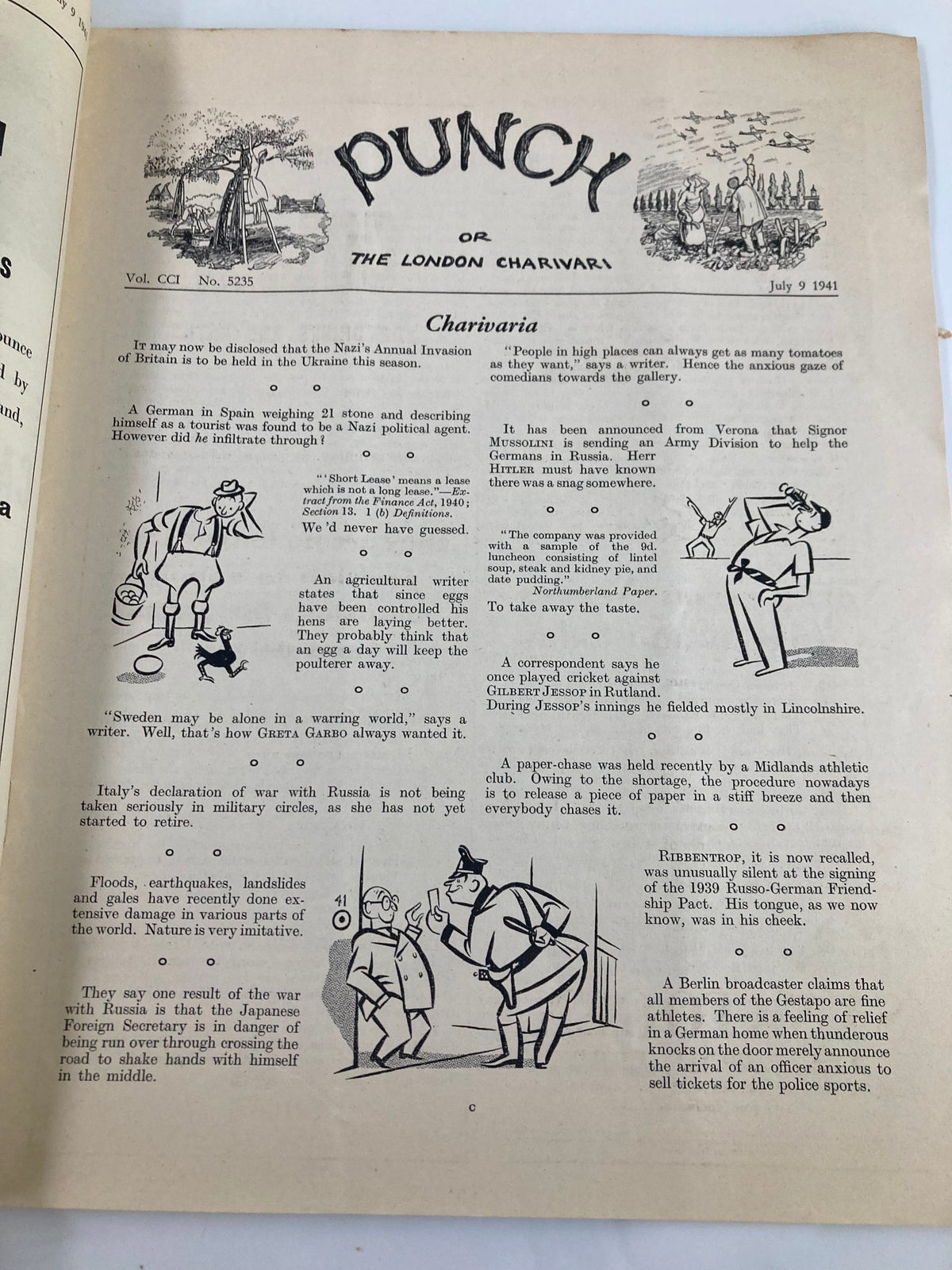 VTG Punch Magazine July 9 1941 interior page displaying classic cartoons and witty commentary reflecting the humor of the WWII era.