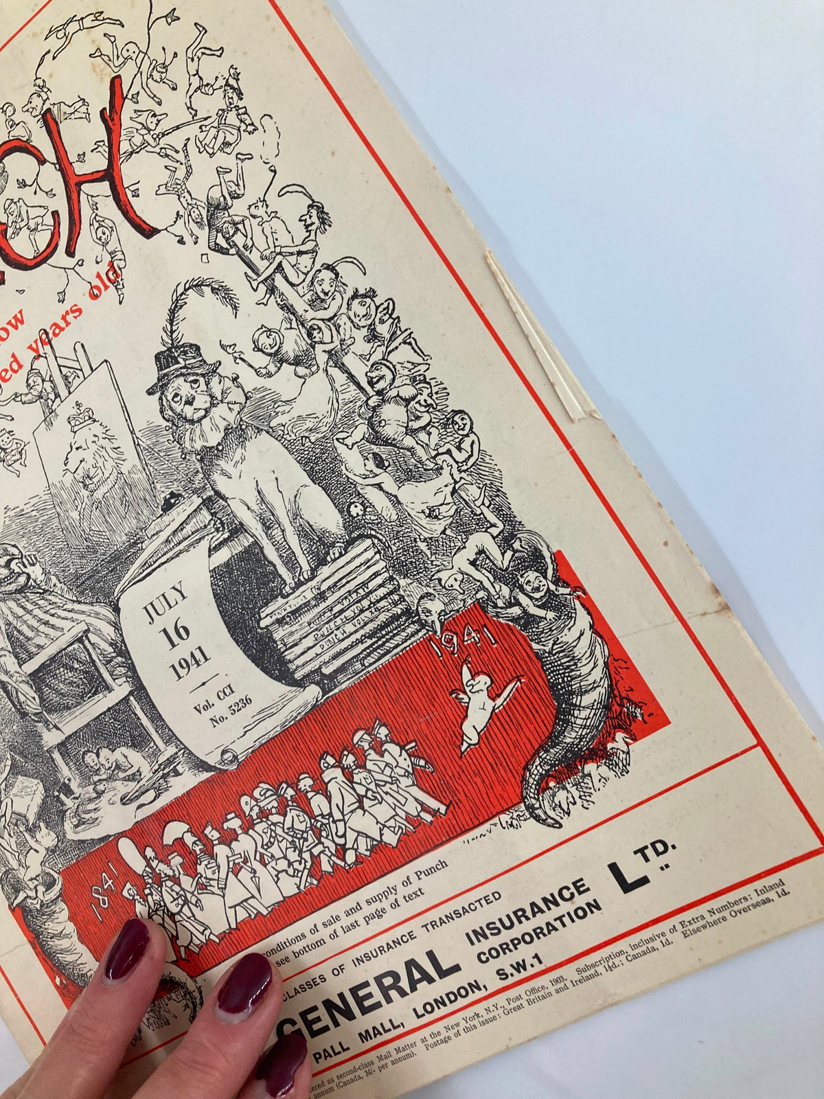 Close-up of the VTG Punch Magazine cover from July 16, 1941, issue #5236 Volume 201, highlighting detailed illustrations and the title prominently.