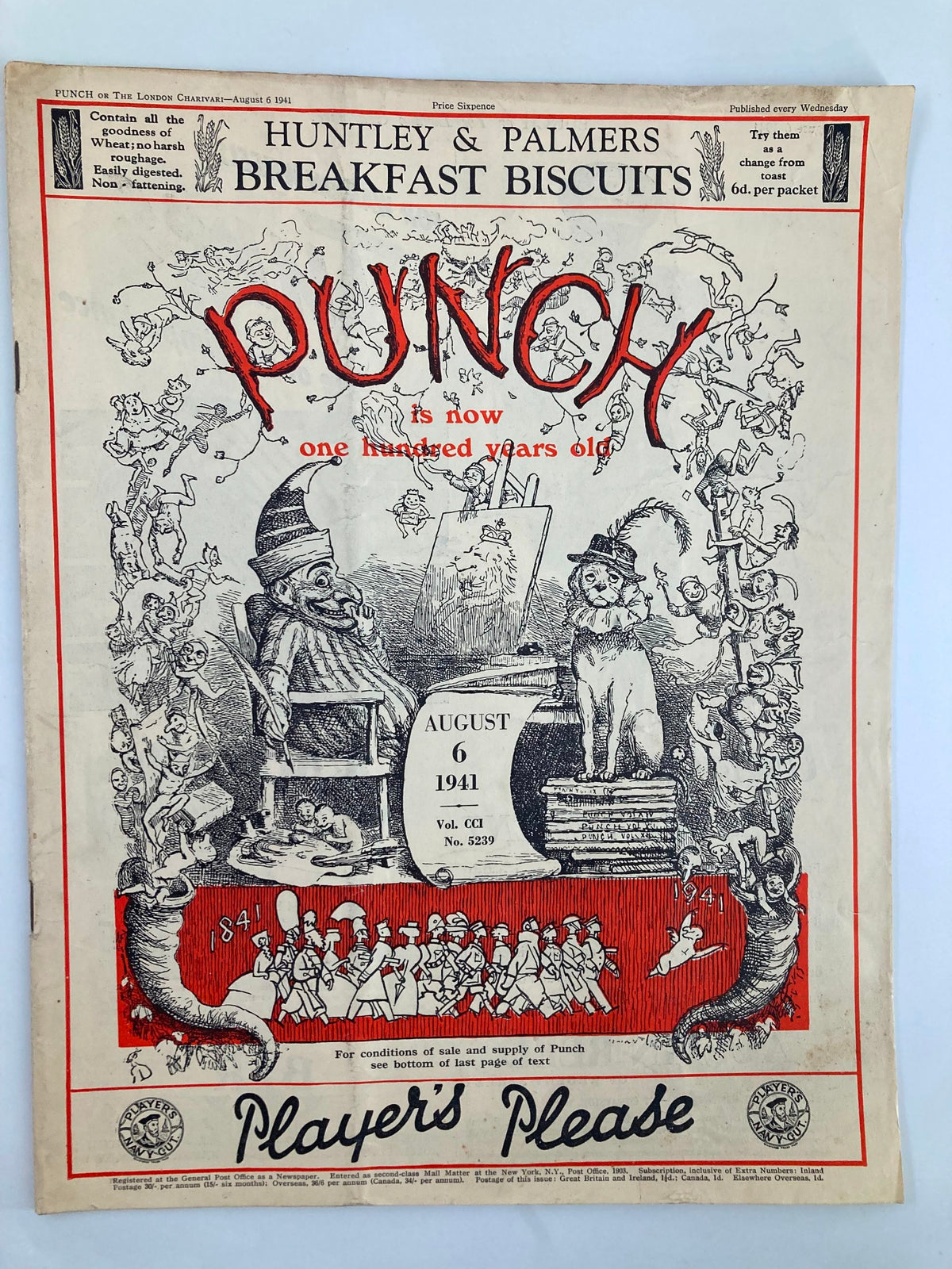 Cover of VTG Punch Magazine August 6 1941 #5239 Vol 201 featuring whimsical illustrations and the title 'Punch is now one hundred years old'.