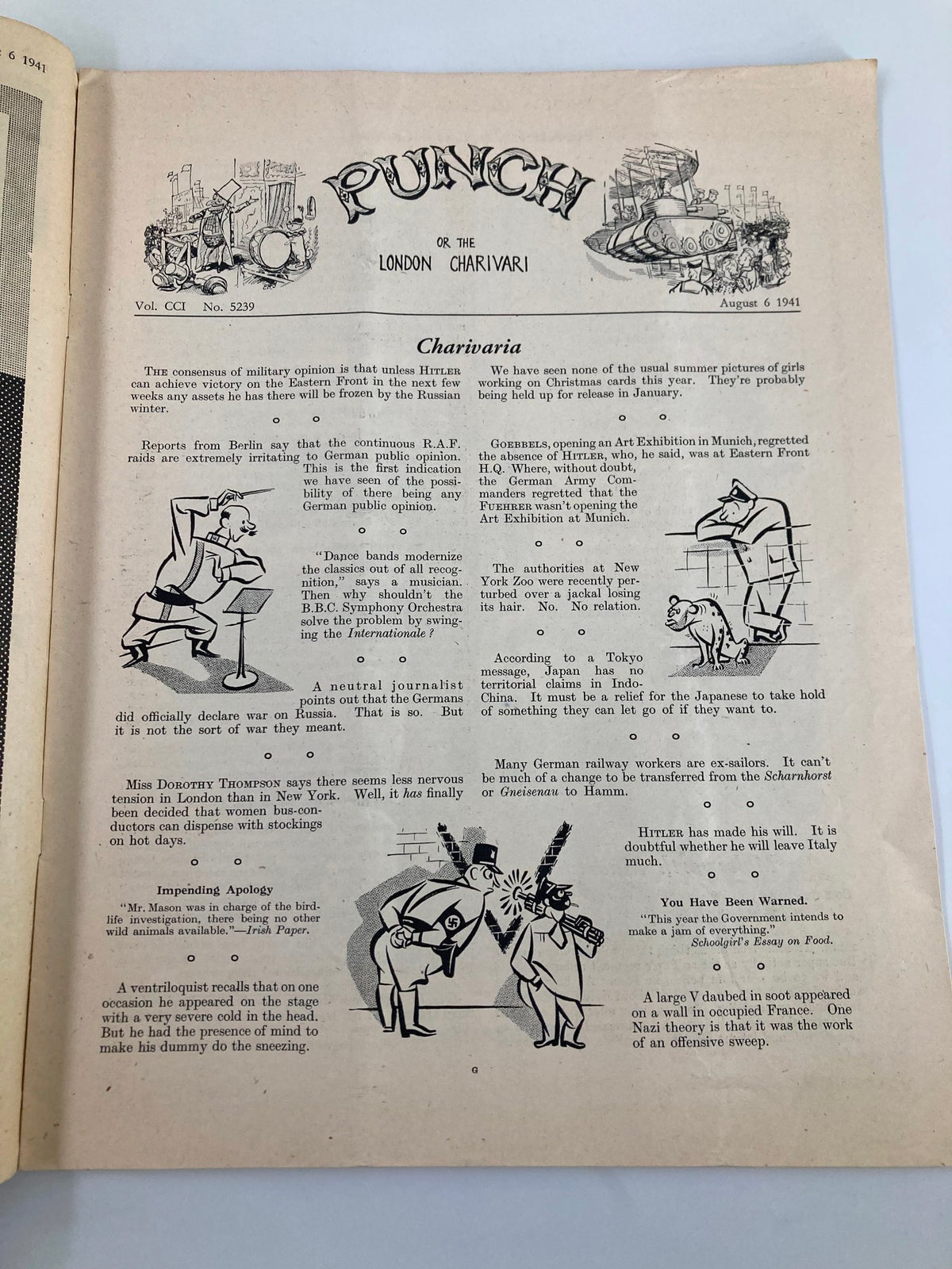 Interior page of VTG Punch Magazine August 6 1941 #5239 Vol 201, displaying satirical cartoon illustrations and commentary relevant to the WWII era.