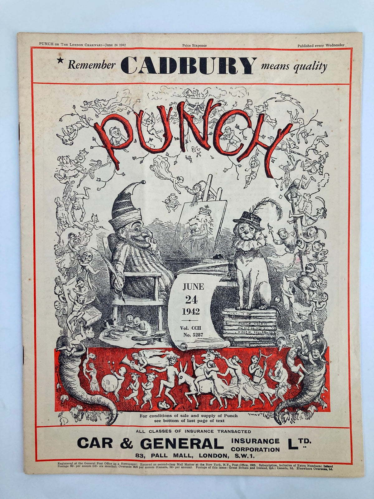 Cover of VTG Punch Magazine from June 24, 1942, featuring vintage cartoons and humor from WWII, Volume 202, No. 5287.