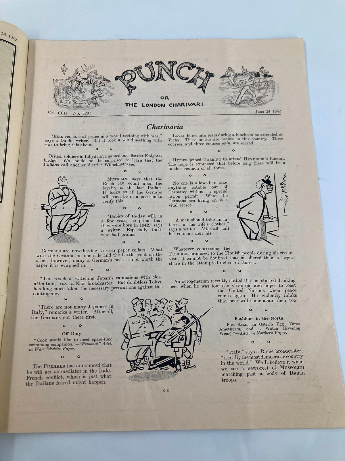Interior page of VTG Punch Magazine from June 24, 1942, showcasing cartoons and humor related to World War II, featuring illustrations and satirical commentary.