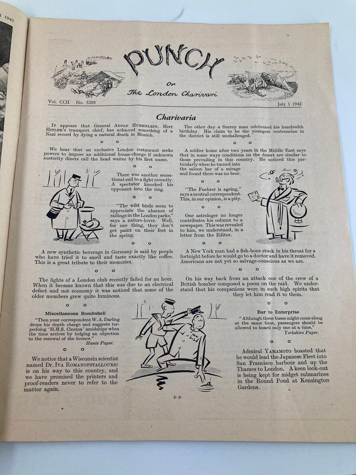 VTG Punch Magazine July 1 1942 #5288 Vol 202 featuring vintage cartoons and humor from World War II, showcasing a humorous illustration on a page titled 'Charivaria'.
