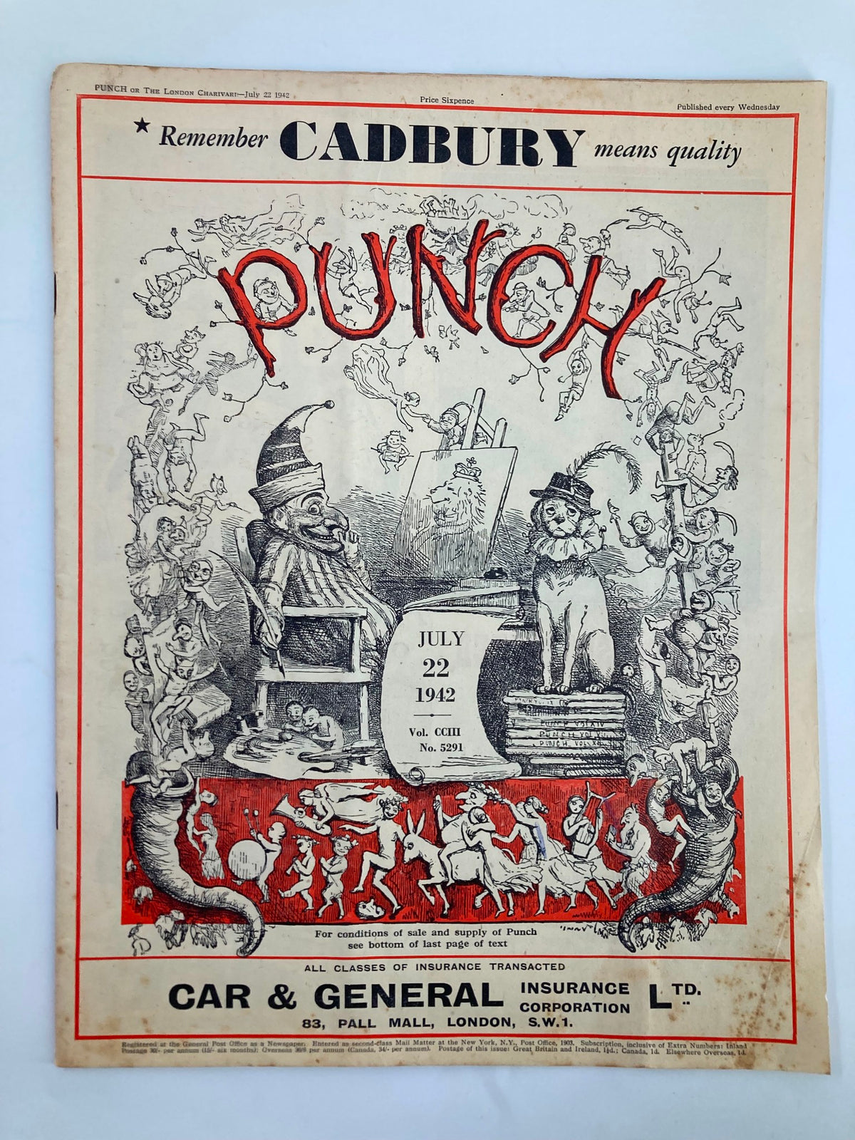 Cover of VTG Punch Magazine July 22 1942 #5291 Vol 203 featuring whimsical illustrations and cartoons related to WWII humor.
