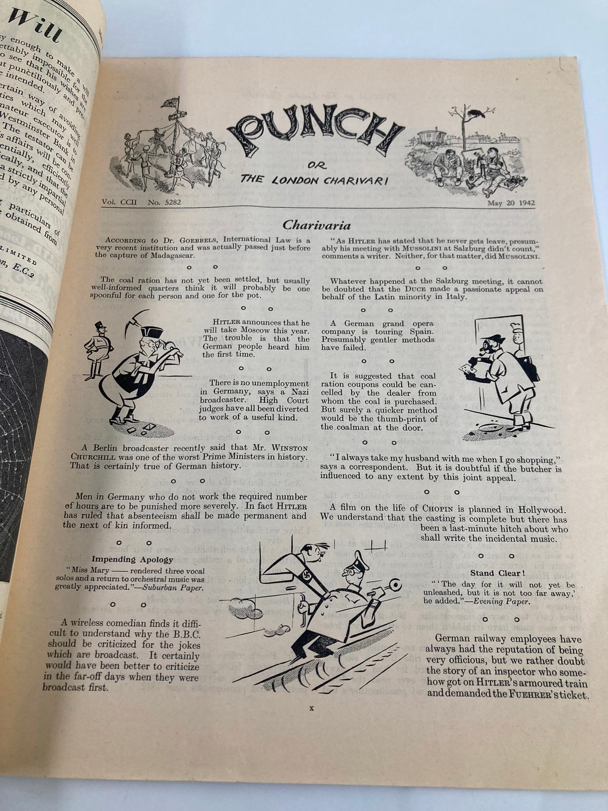Interior page of VTG Punch Magazine May 20 1942 #5282 Vol 202 featuring cartoon illustrations and satire related to World War II, highlighting historical context and comedic commentary.