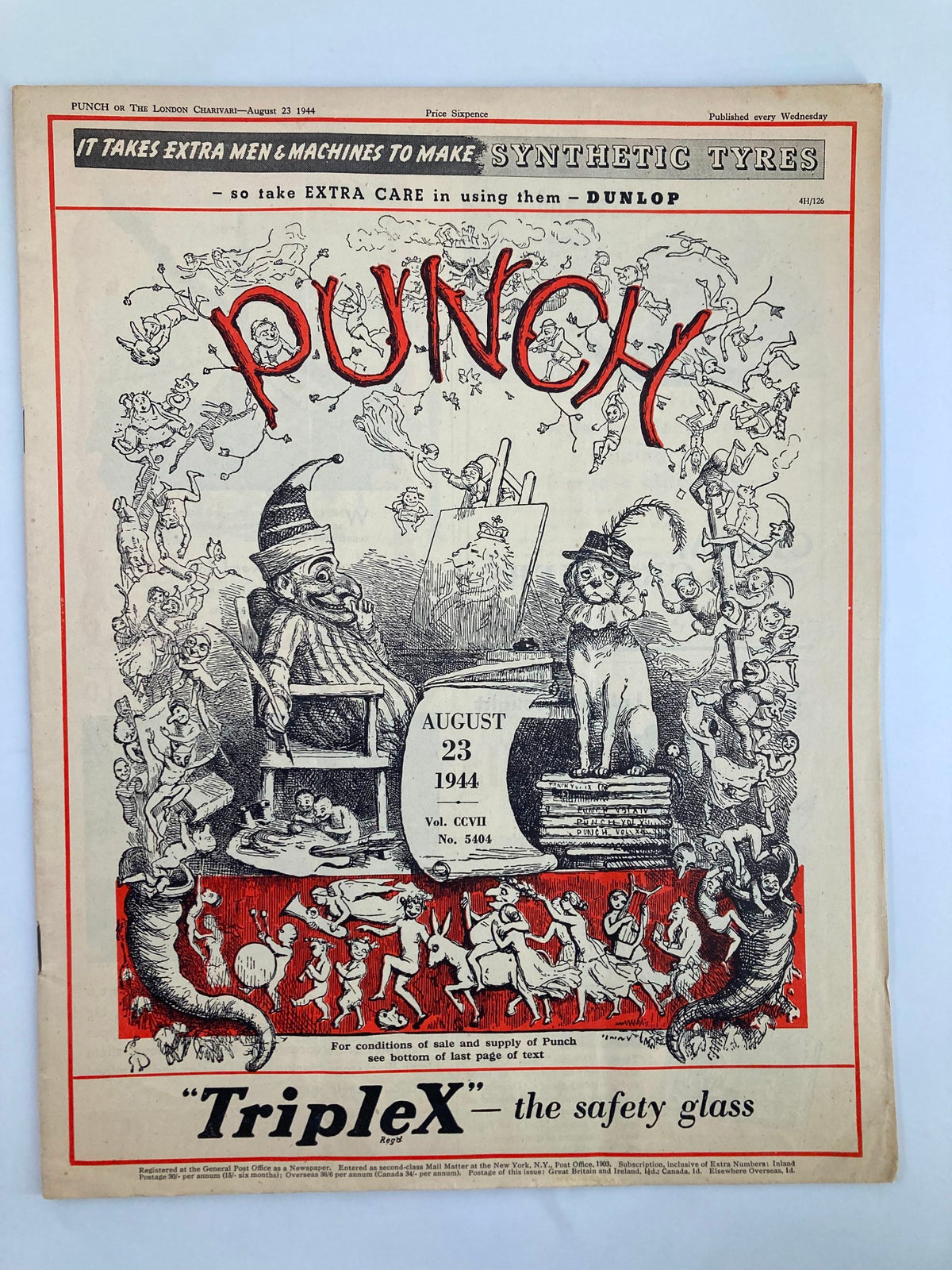 Vintage Punch Magazine cover from August 23, 1944, featuring bold illustrations and humorous cartoon art, issue #5404, Vol 207, showcasing World War II satire.