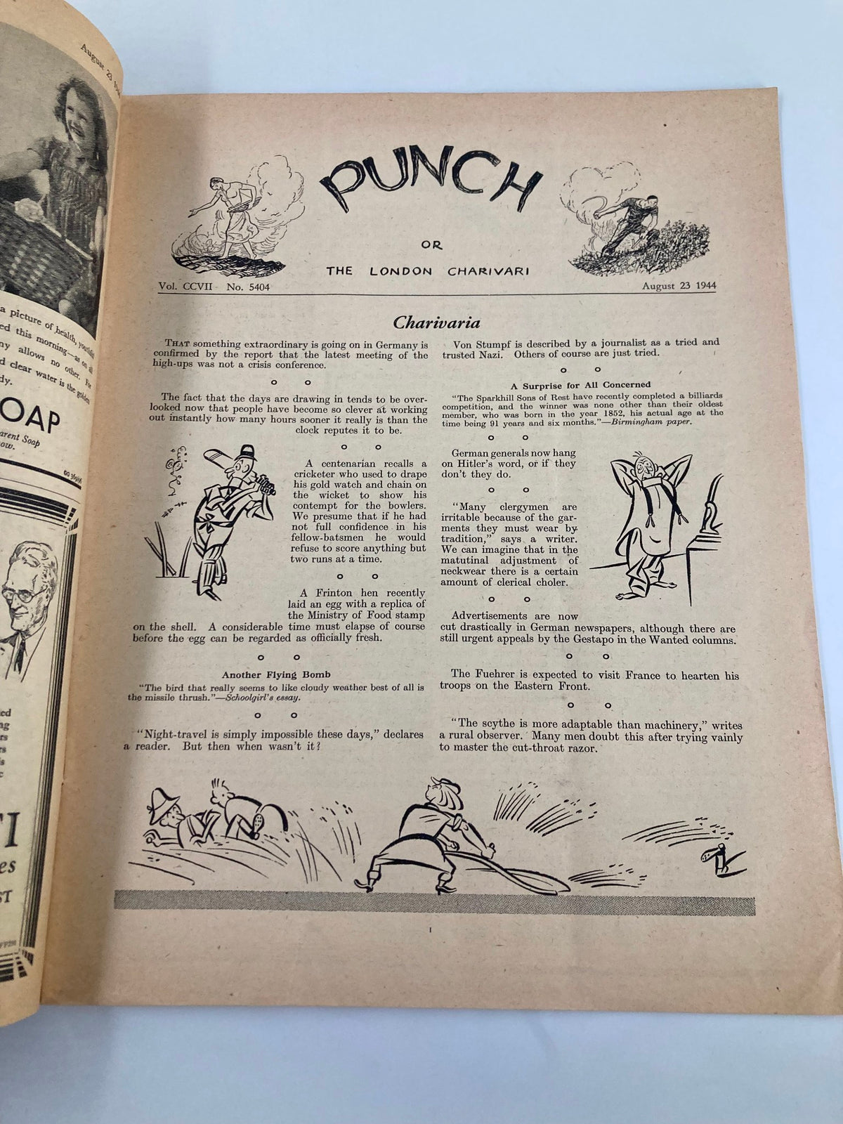 Interior page of Vintage Punch Magazine from August 23, 1944, displaying witty text and illustrations, part of issue #5404, Vol 207, reflecting the humor of the WWII era.
