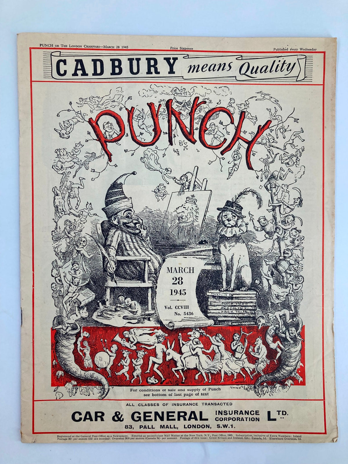 Cover of VTG Punch Magazine March 28 1945, featuring colorful cartoons and satirical illustrations from World War II, with the word 'PUNCH' prominently displayed.
